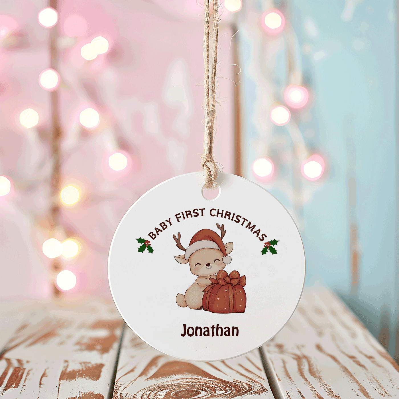 Cute Reindeer with Gift | Baby's First Christmas | Ceramic Ornament