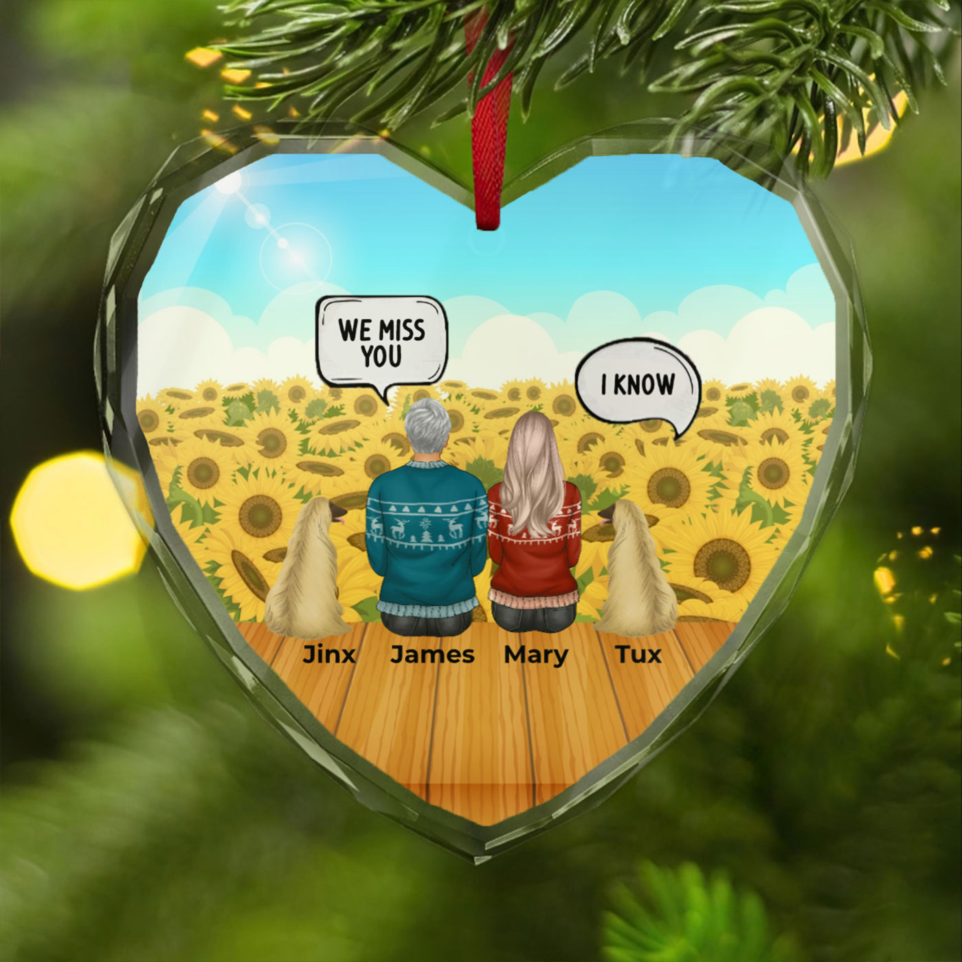 Customizable Family and Pet Sunset Memorial Ornament | Christmas | Heart Glass Ornament