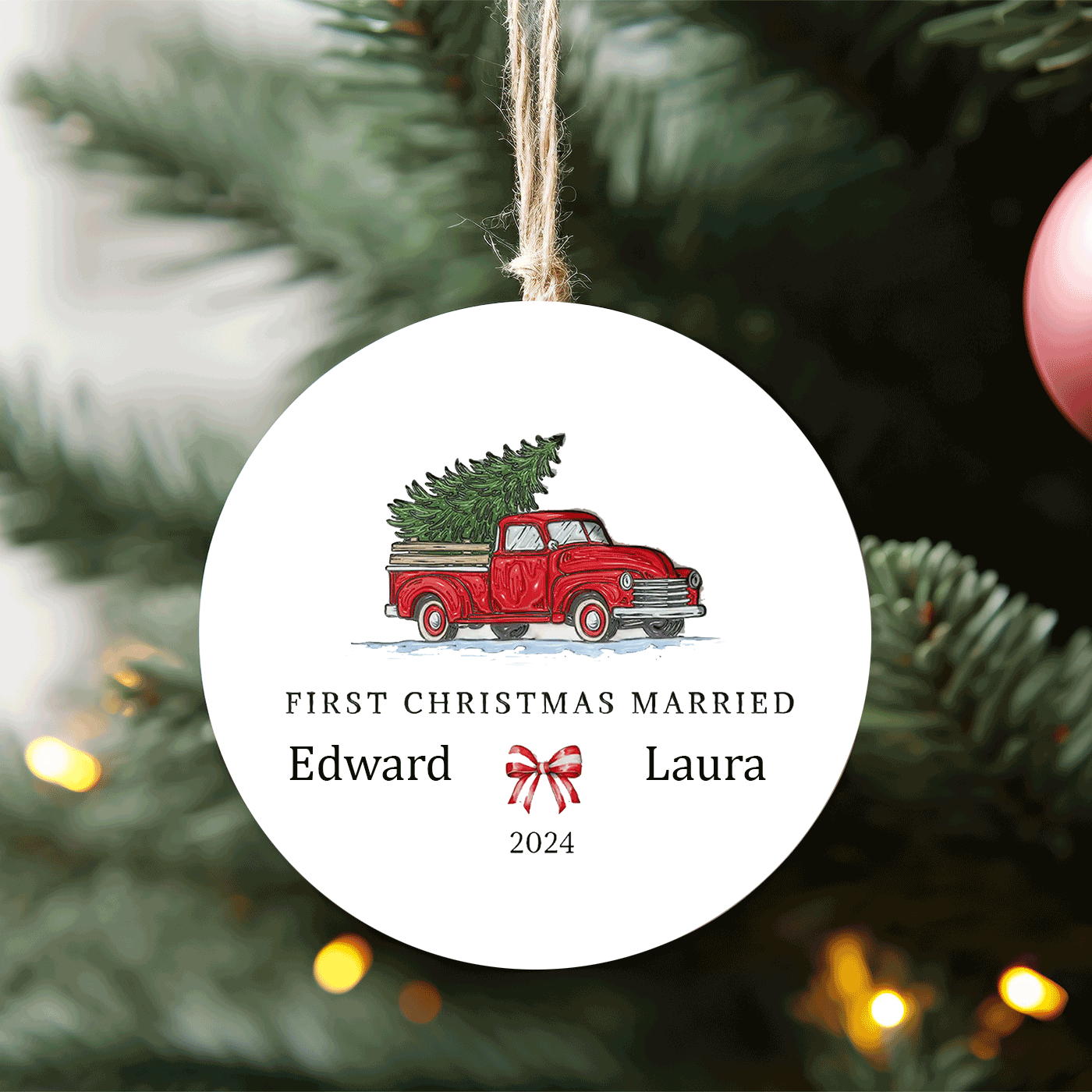 First Christmas Married | Vintage Red Truck with Tree | Ceramic Ornament