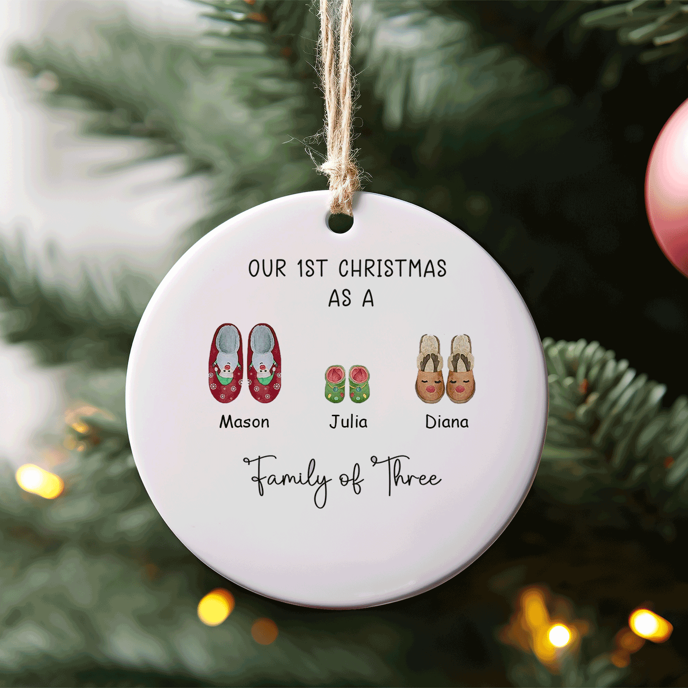 Cute Slipper Design for New Families | Our First Christmas as a Family of Three | Ceramic Ornament