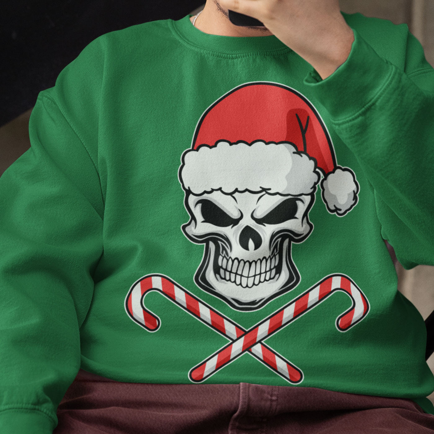 Skull with Santa Hat and Candy Canes | Edgy Christmas | Unisex Crewneck Sweatshirts