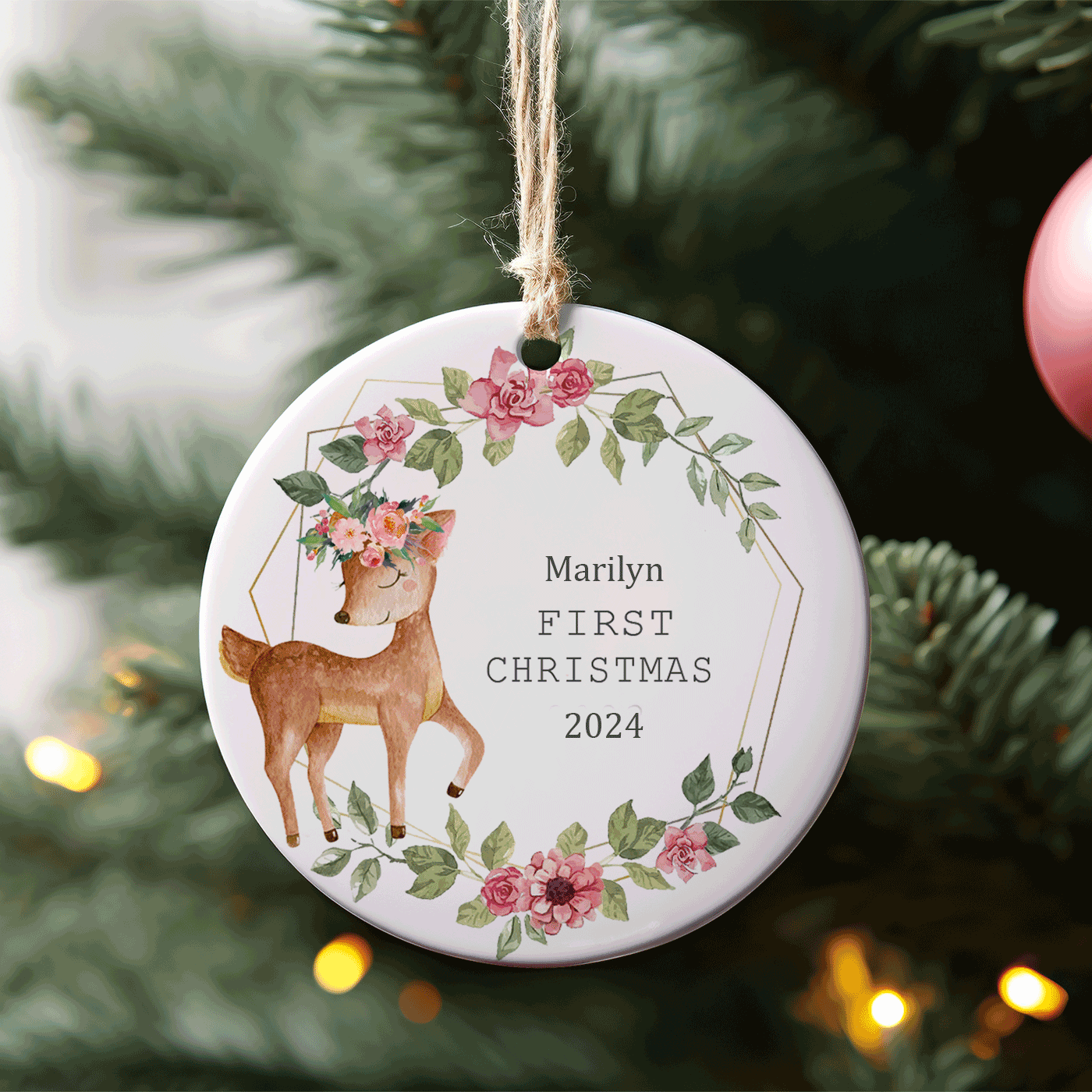 First Christmas | Elegant Floral Deer | Ceramic Ornament