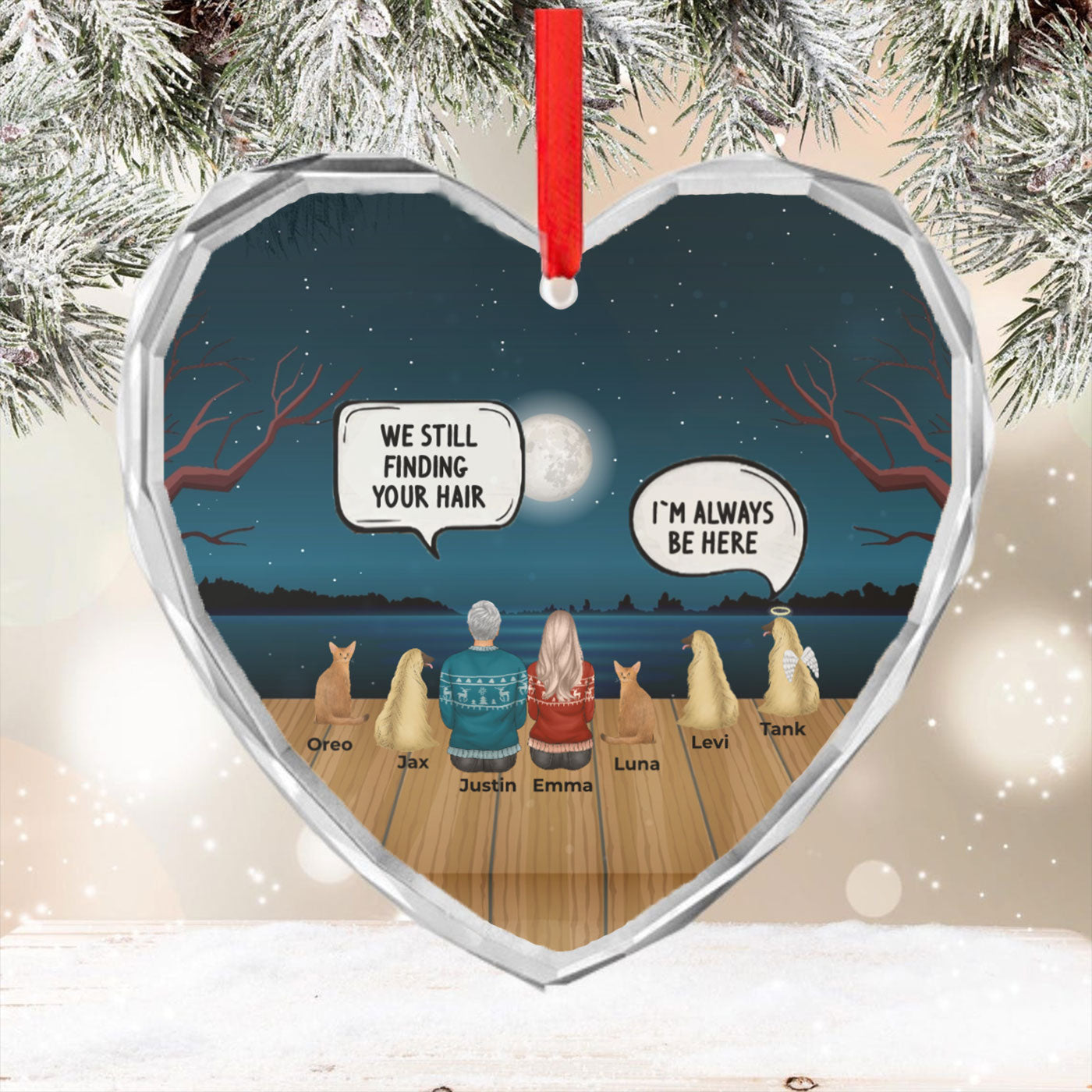 Personalized Christmas Memorial Ornament with Pets and Family | Heart Glass Ornament