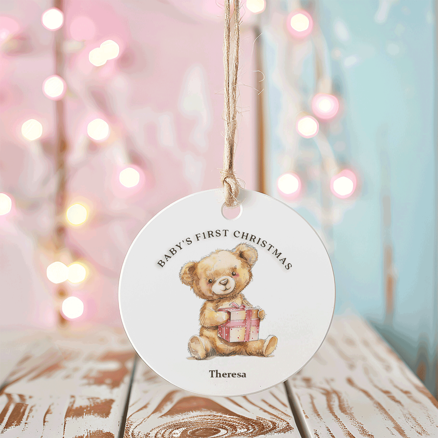 Baby s First Christmas Cute Teddy Bear with Gift Ceramic Ornament Wander Print
