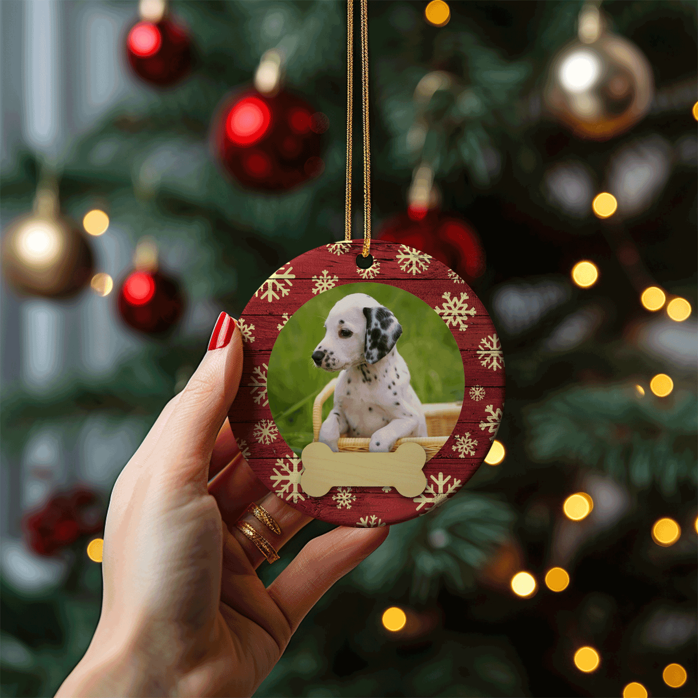 Pet Photo with Snowflakes and Bone | Christmas | Festive Holiday | Ceramic Ornament