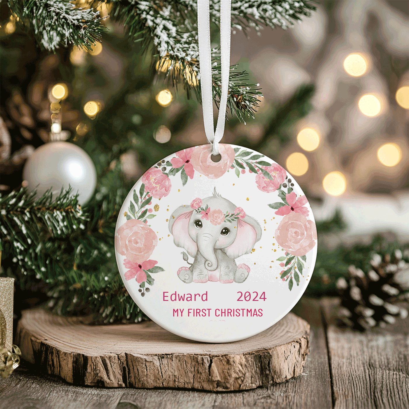 My First Christmas | Adorable Elephant with Floral Wreath | Ceramic Ornament
