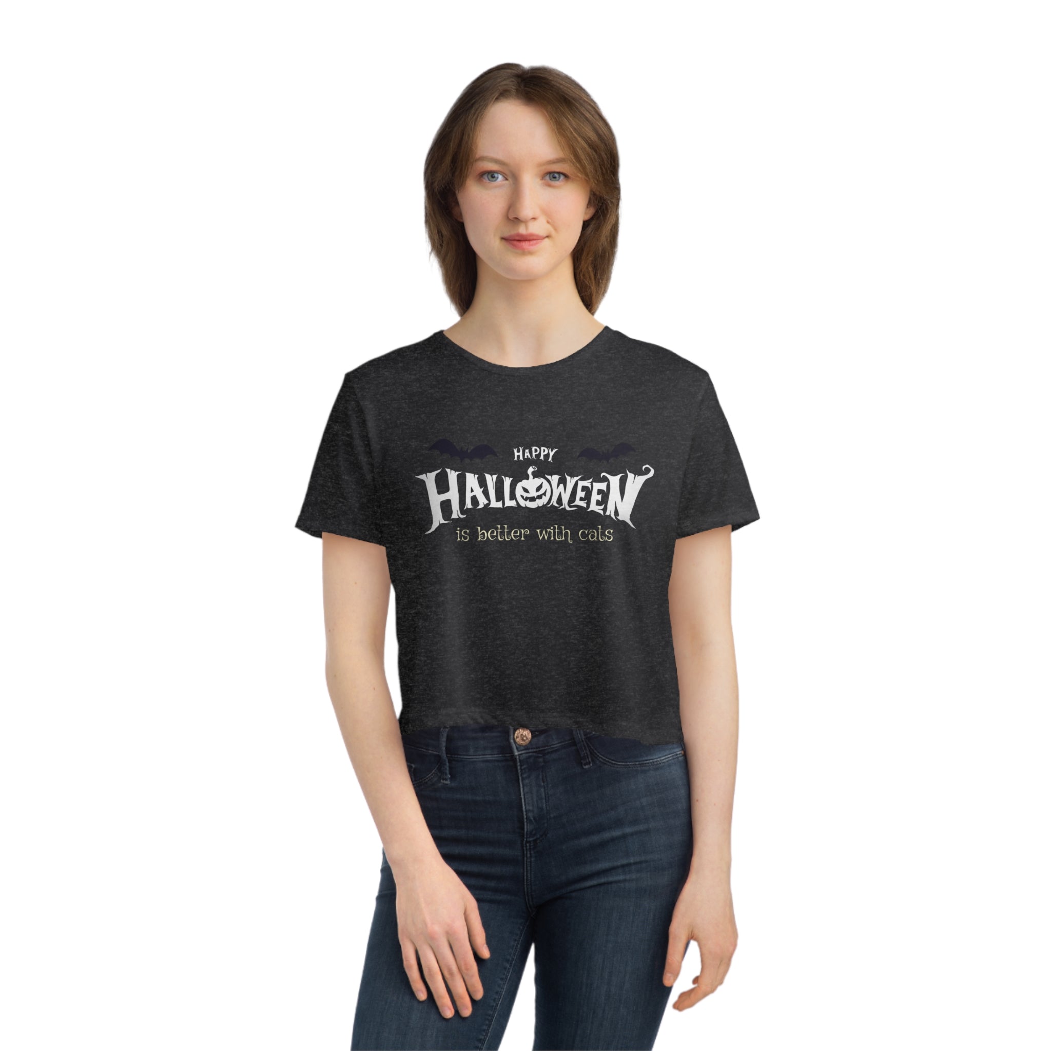 Halloween with Witch's Cats | Women's Flowy Cropped Tee