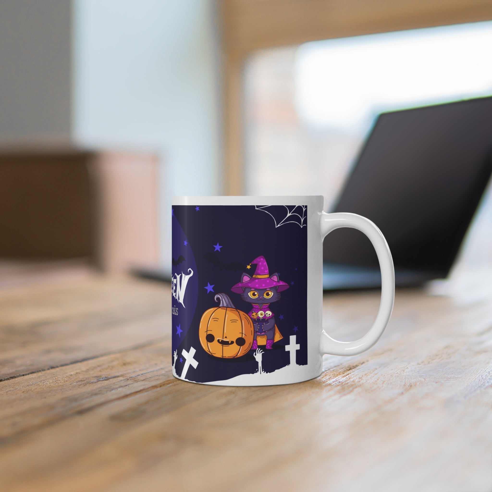 Happy Halloween with Witch's Cats | White Ceramic Mug