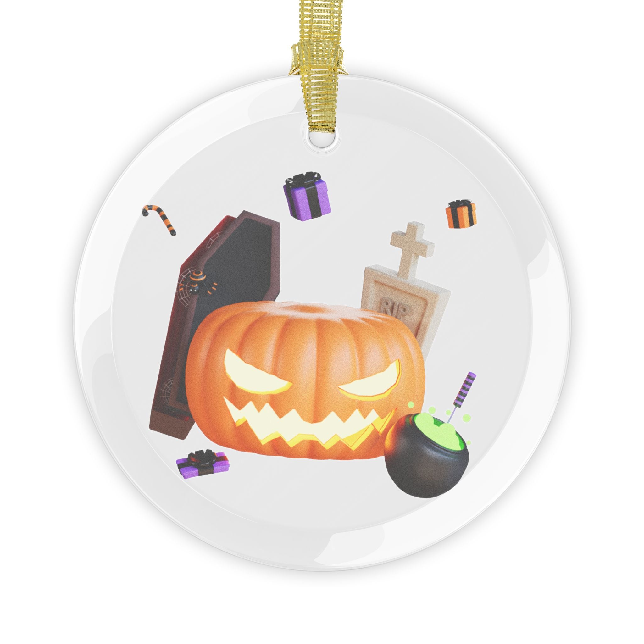 Halloween Glowing Pumpkin and Tombstone | Glass Ornaments