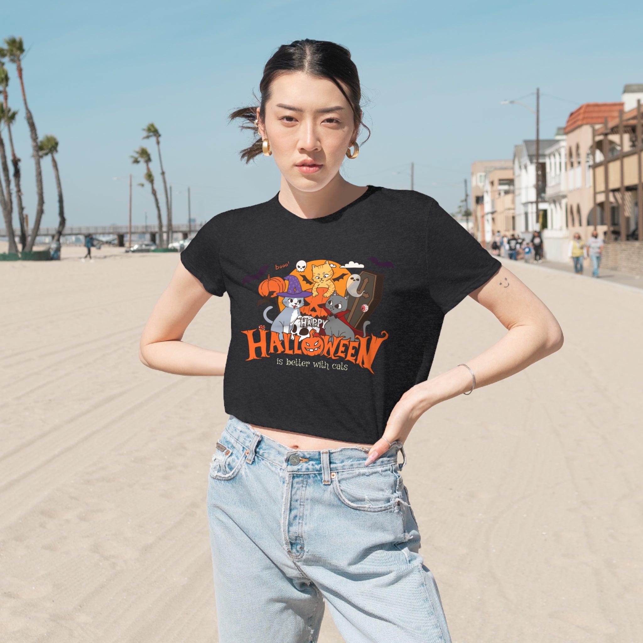 Halloween is Better with Cats | Women's Flowy Cropped Tee