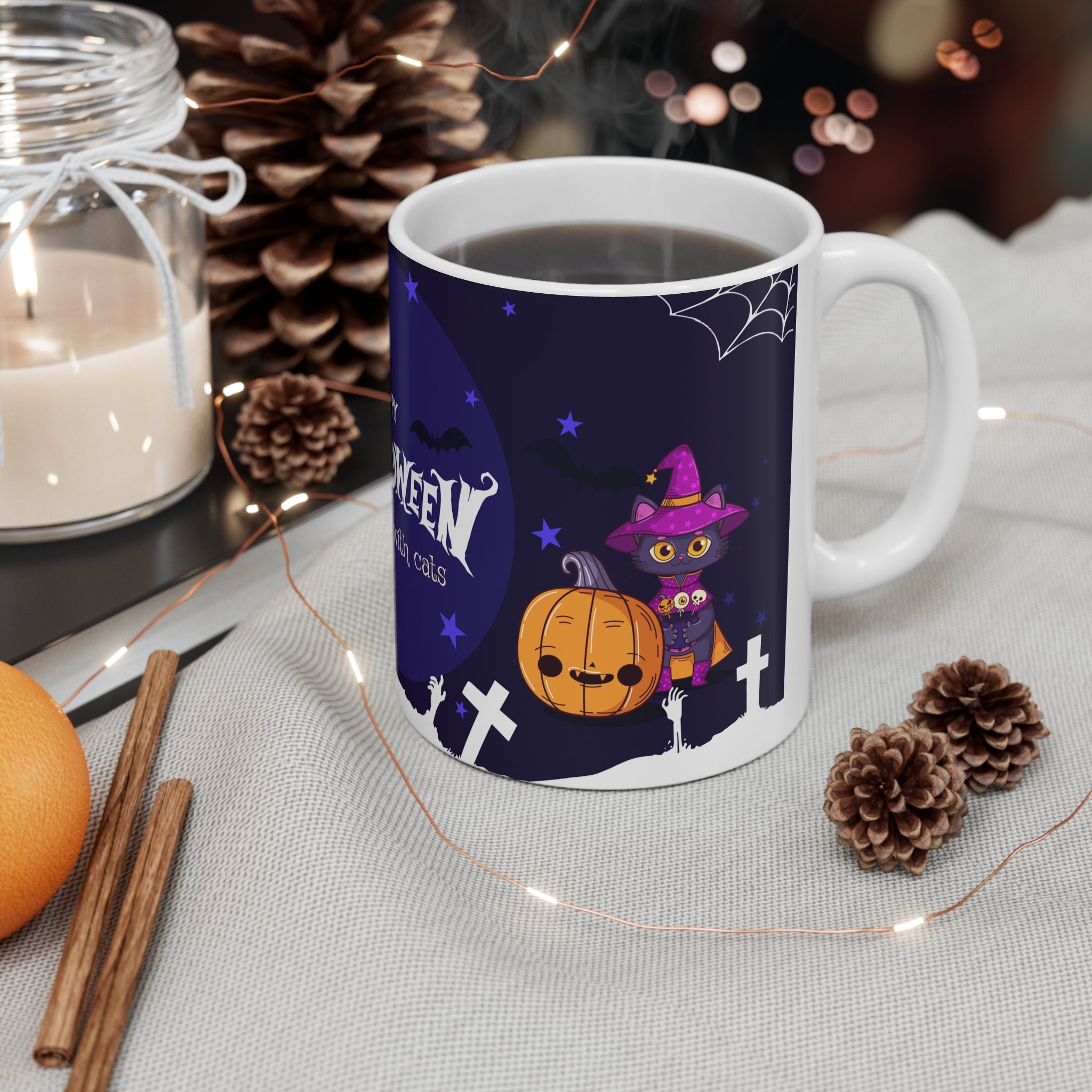 Happy Halloween with Witch's Cats | White Mug