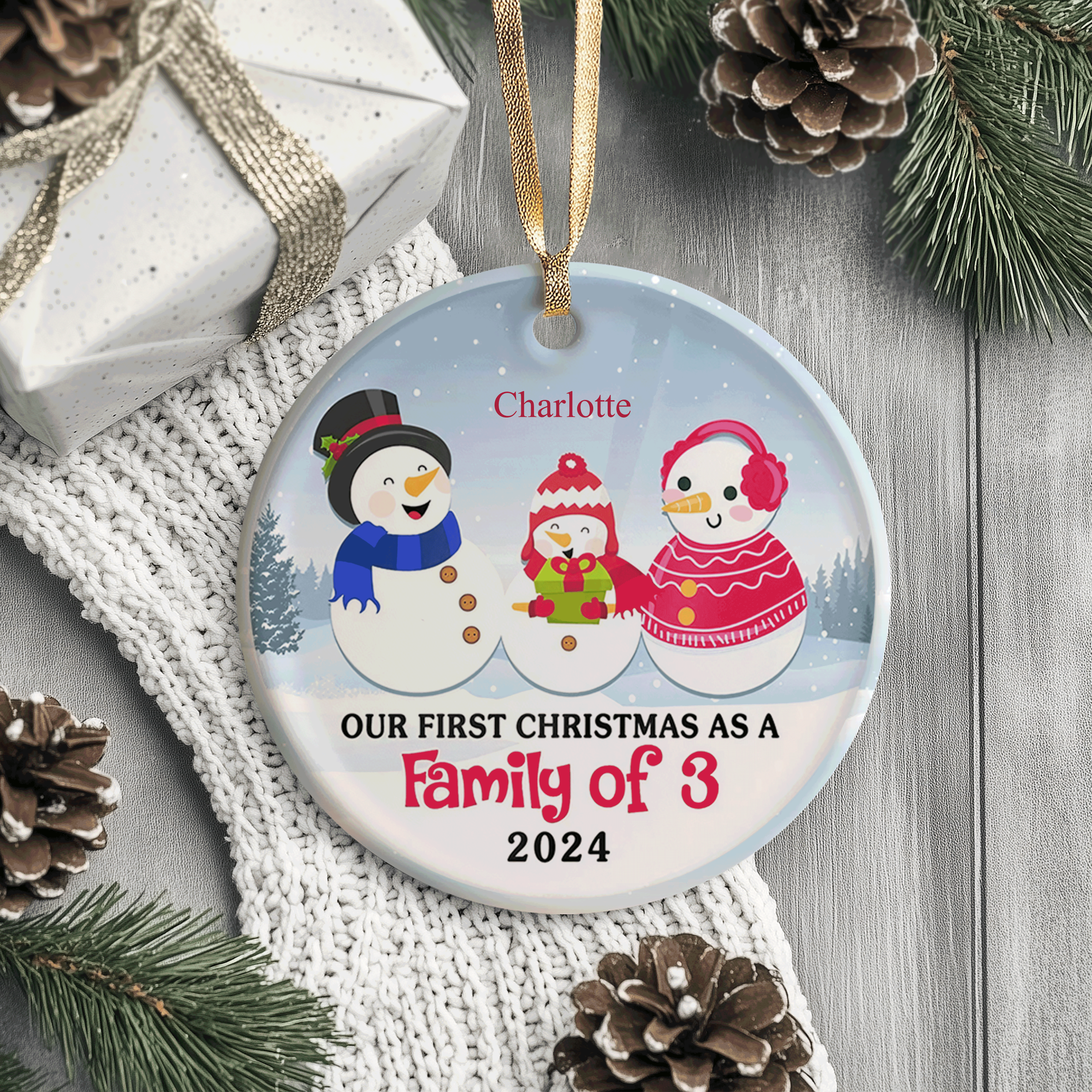 Snowman Family Keepsake | Our First Christmas as a Family of 3 | Ceramic Ornament