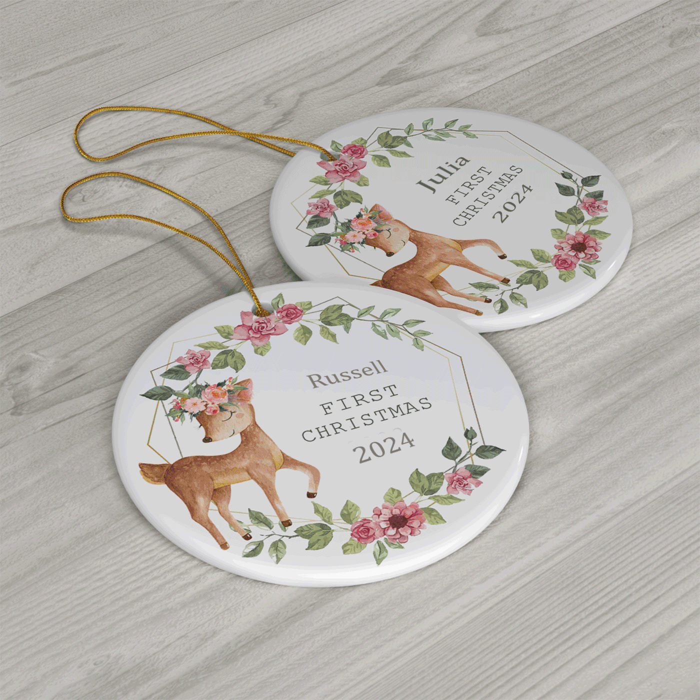 First Christmas | Elegant Floral Deer | Ceramic Ornament