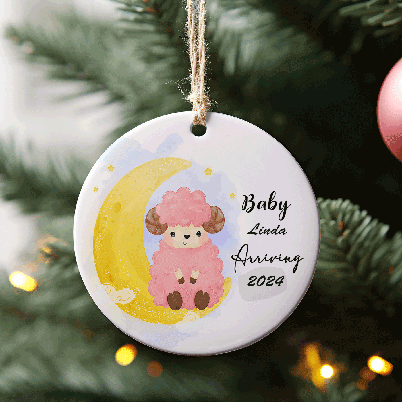 Baby Arriving Christmas | Adorable Sheep and Moon Design for Expecting Parents | Ceramic Ornament
