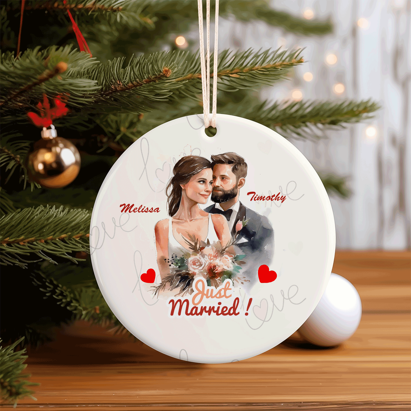 Just Married Christmas| Romantic Keepsake for Newlyweds | Ceramic Ornament