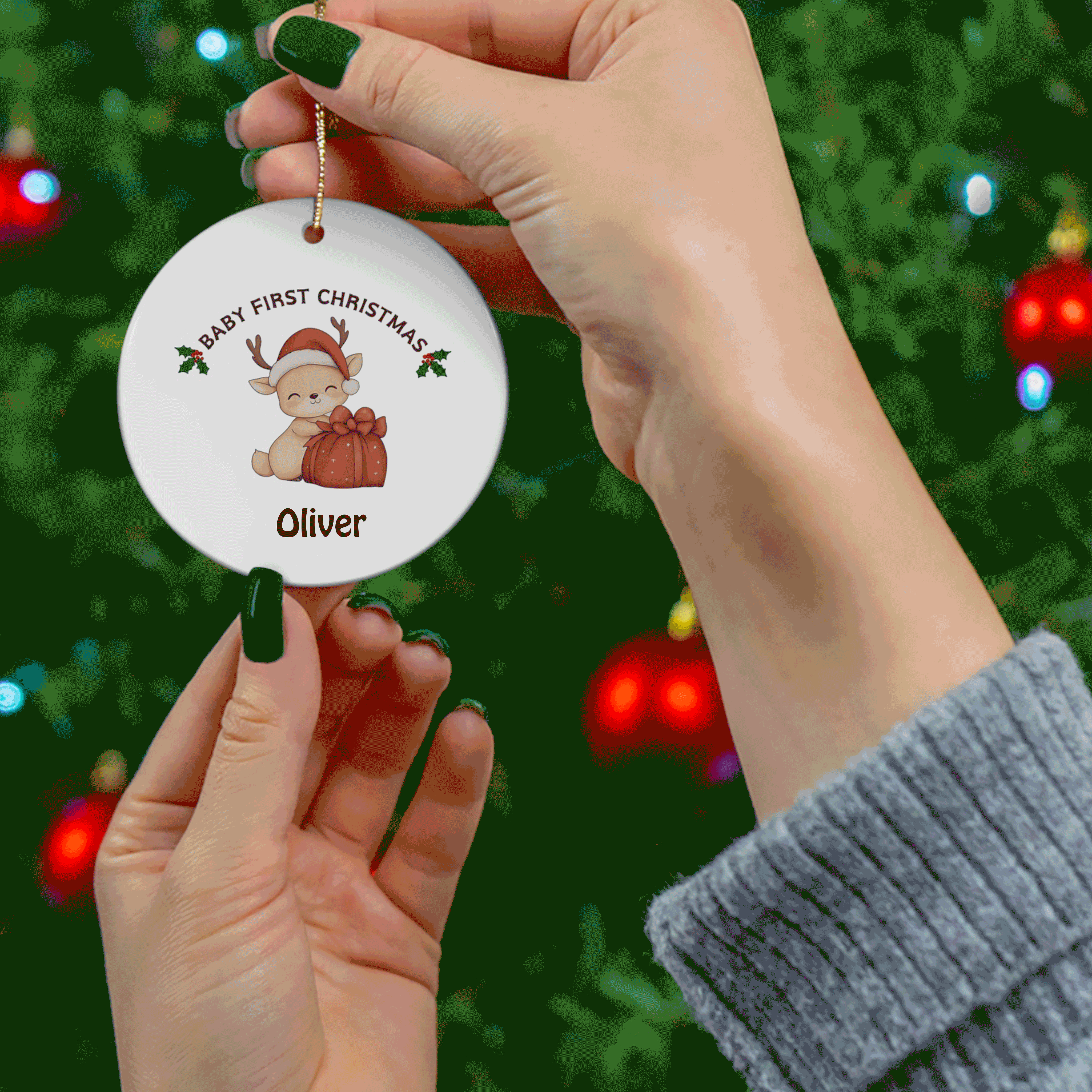 Cute Reindeer with Gift | Baby's First Christmas | Ceramic Ornament