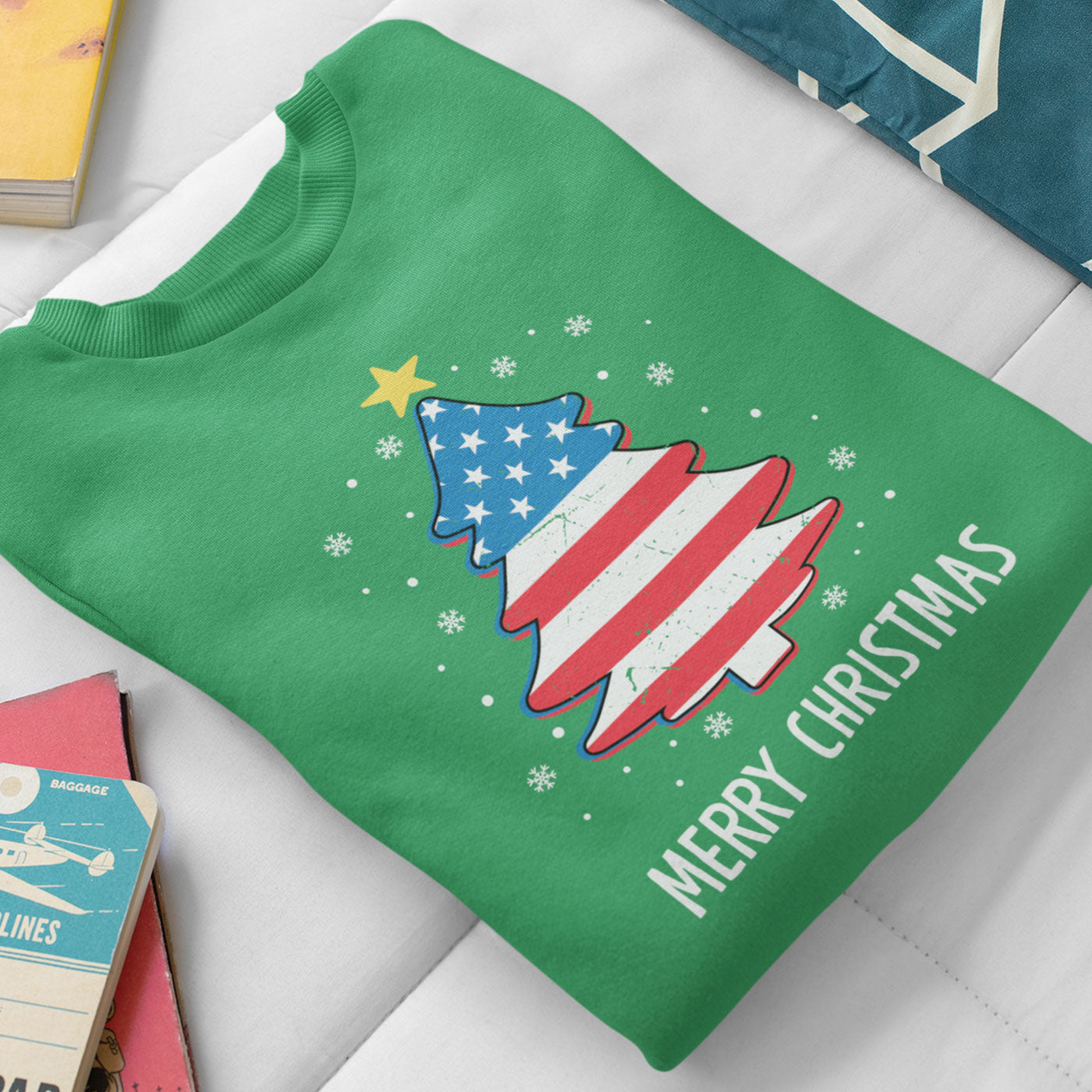 Patriotic Merry Christmas | American Flag Christmas Tree | Unisex Crewneck Sweatshirts