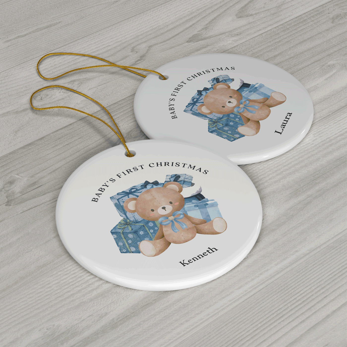 Teddy Bear with Blue Gifts | Baby’s First Christmas | Ceramic Ornament