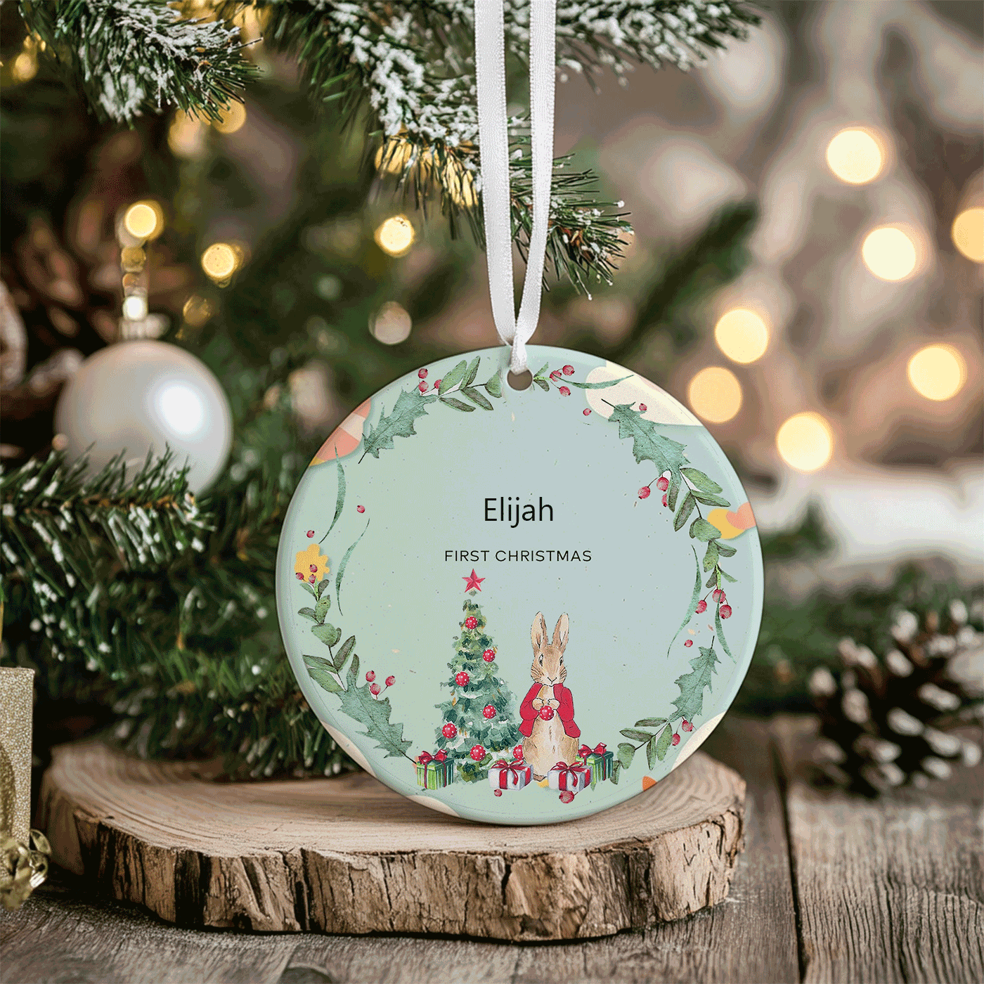 First Christmas Ornament with Woodland Bunny | Perfect for Baby's First Christmas | Ceramic Ornament