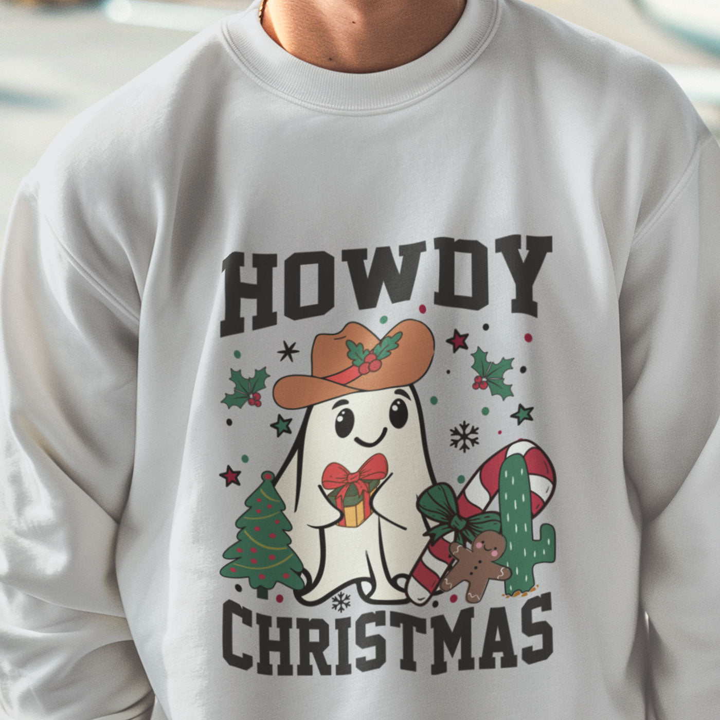 Howdy Christmas | Cute Cowboy Ghost Holiday | Unisex Crewneck Sweatshirts