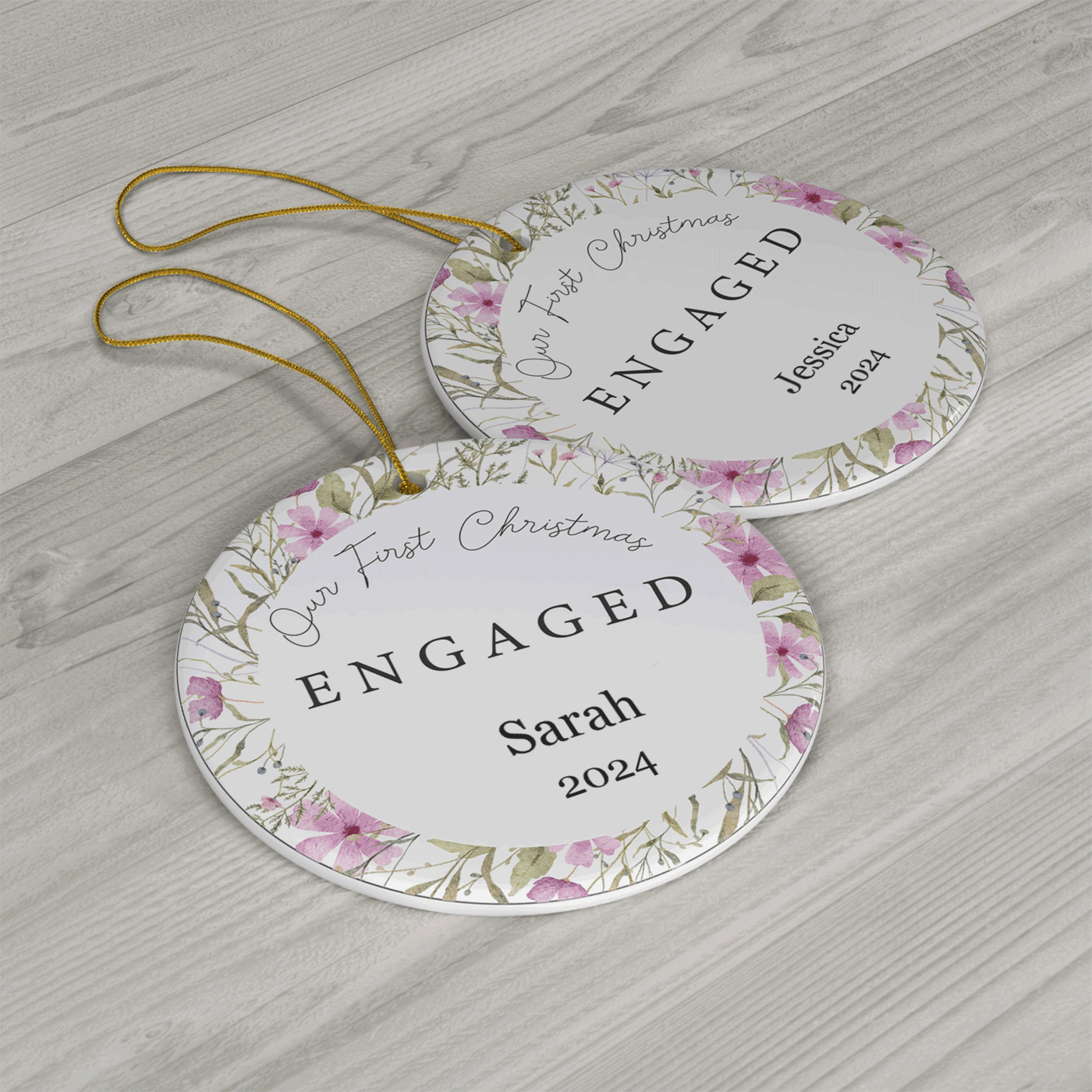 Our First Christmas Engaged | Delicate Floral | Ceramic Ornament