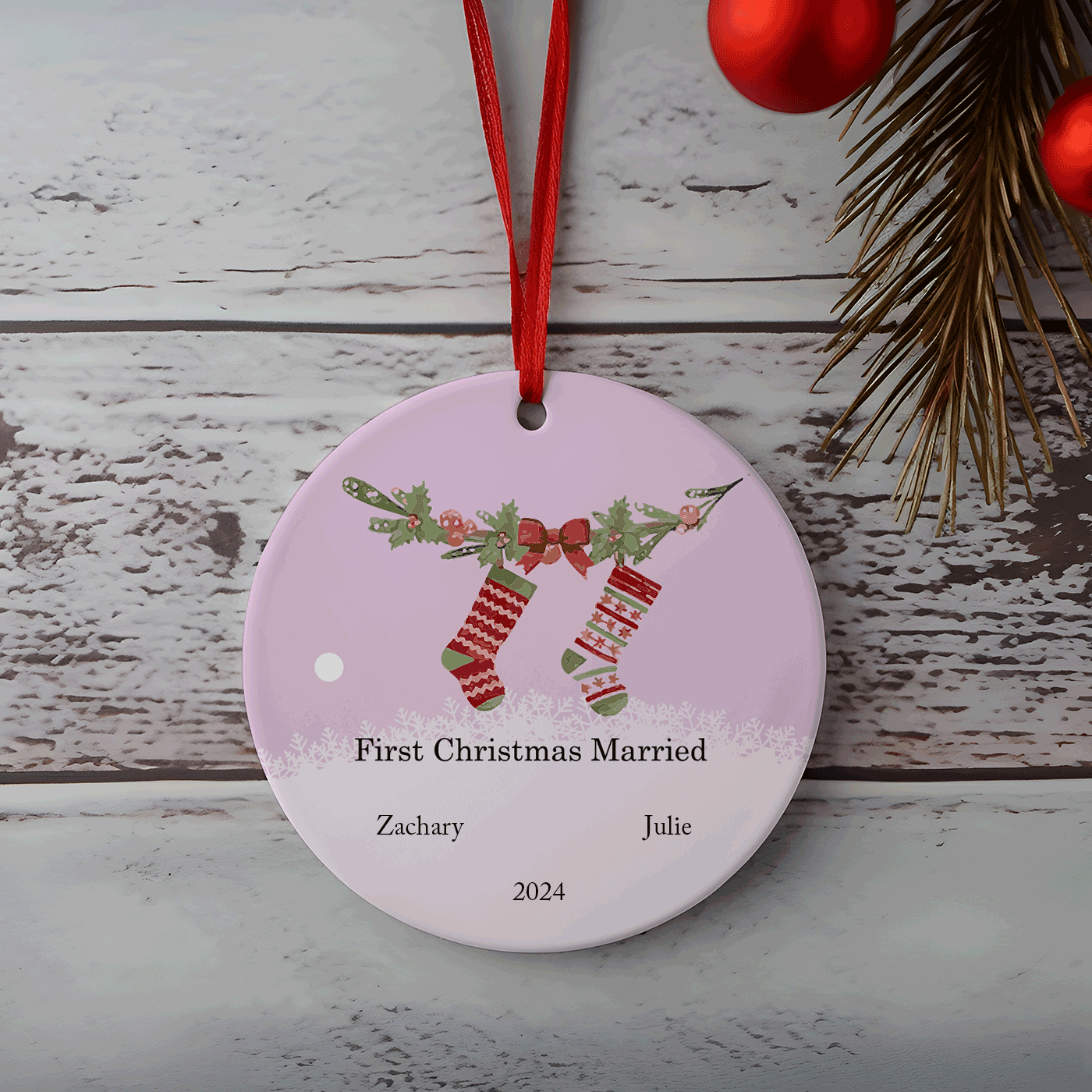 First Christmas Married Ornament | Festive Stocking Design for Newlyweds | Ceramic Ornament