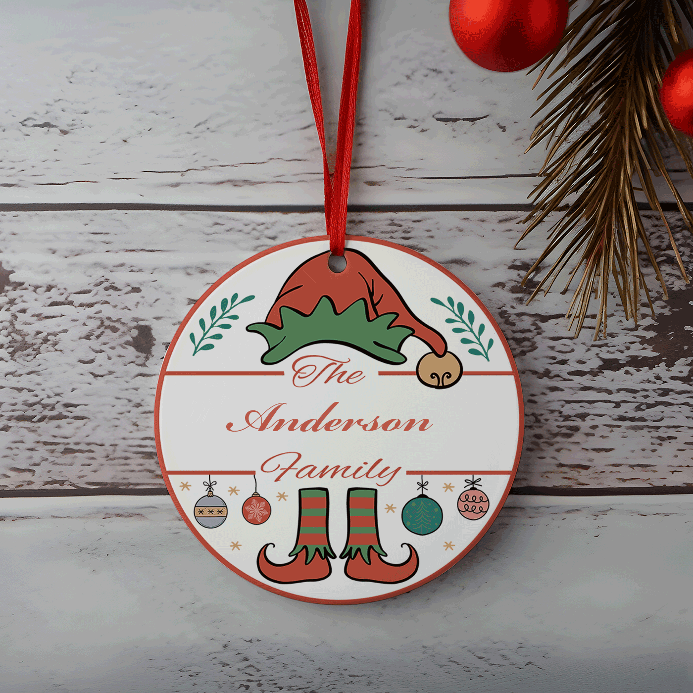 Custom Name Family Christmas | Festive Elf Theme | Ceramic Ornament
