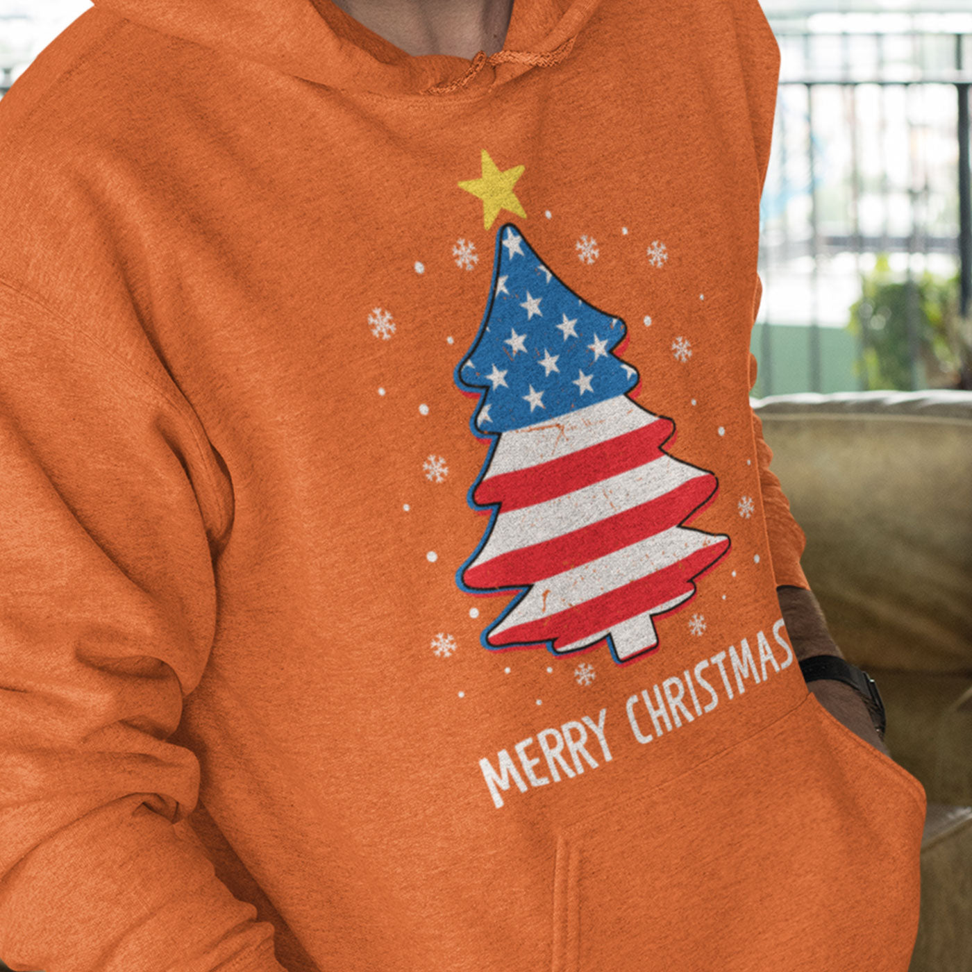 Patriotic Merry Christmas | American Flag Christmas Tree | Unisex Hoodie