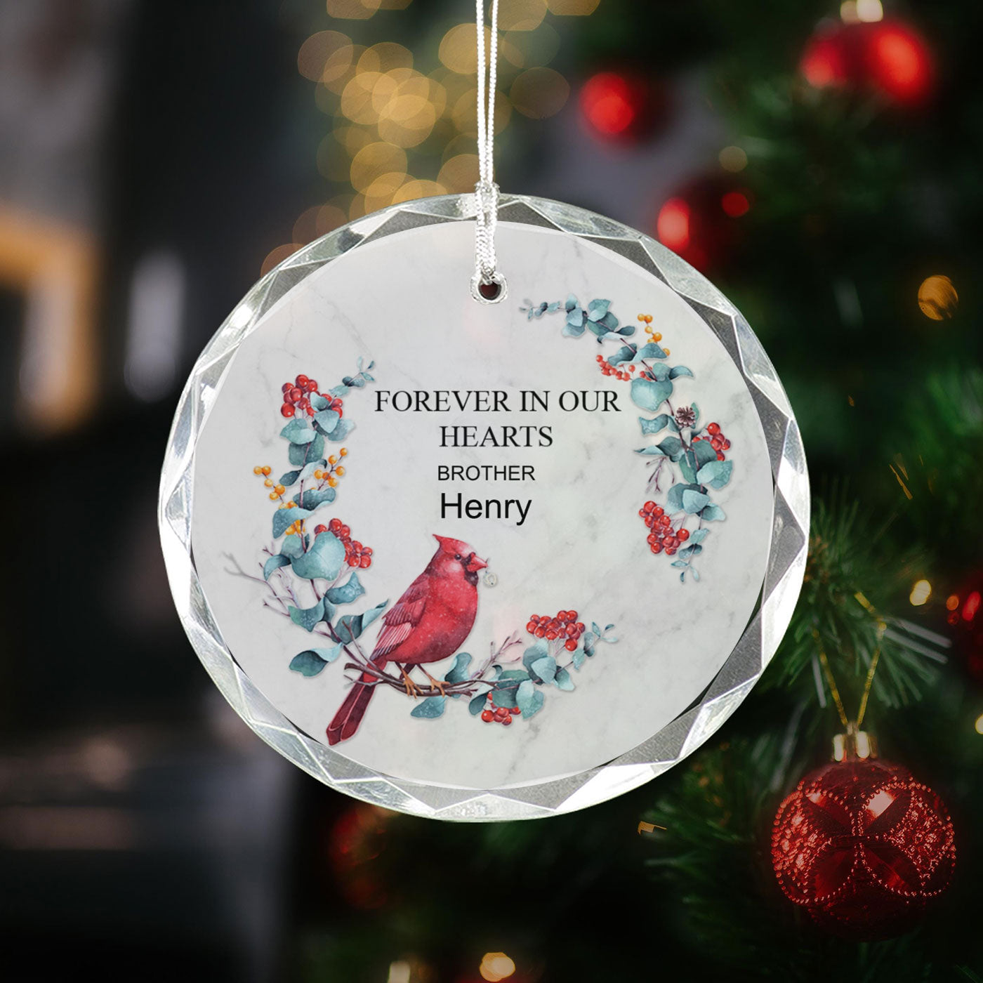 Remembered With Love | Christmas | Cardinal and Floral Wreath | Personalised Glass Ornament