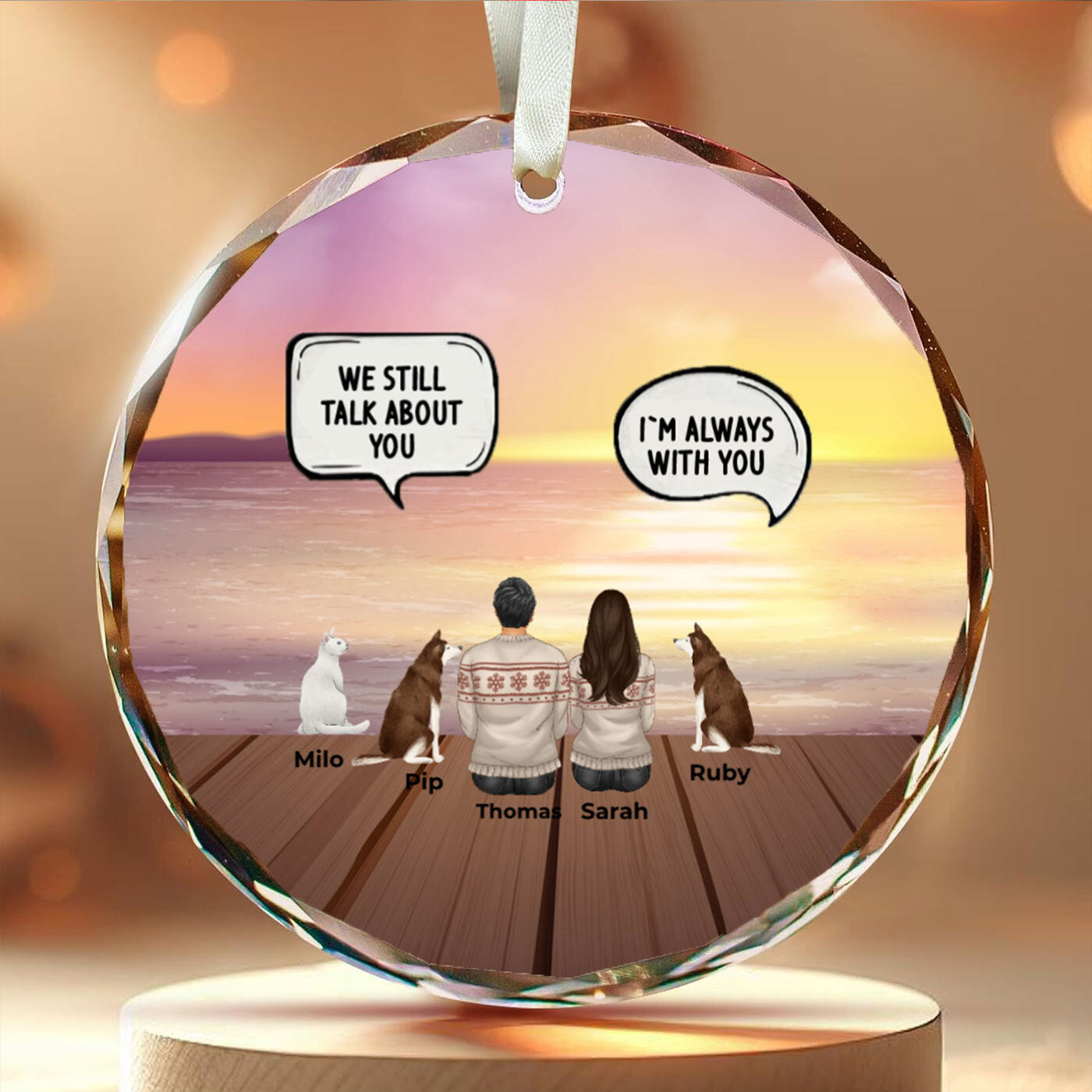 Customizable Crystal Glass Ornament | Christmas with Family with Pets & Personalized Backgrounds in Round Ornaments