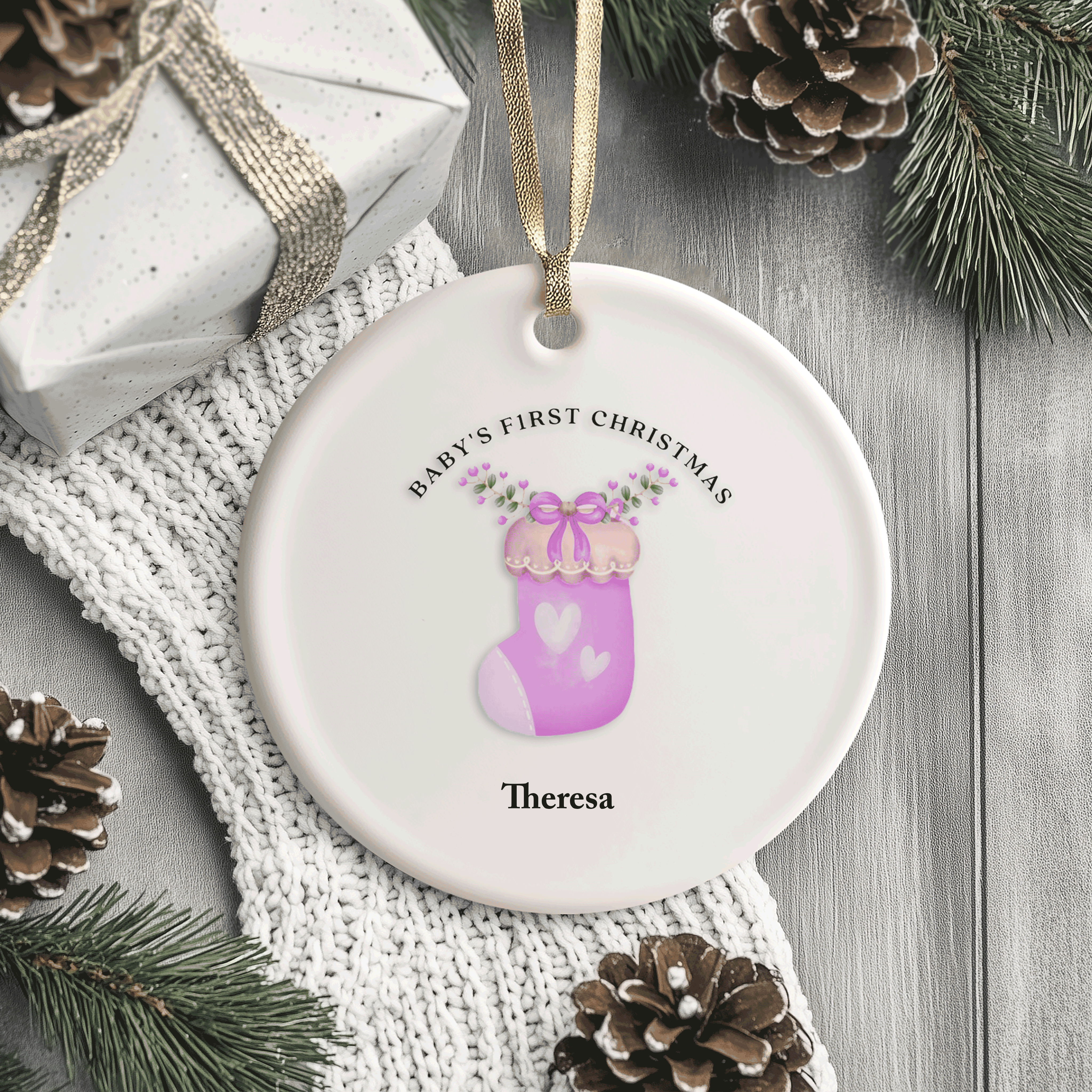 Baby's First Christmas | Adorable Pink Stocking Keepsake | Ceramic Ornament