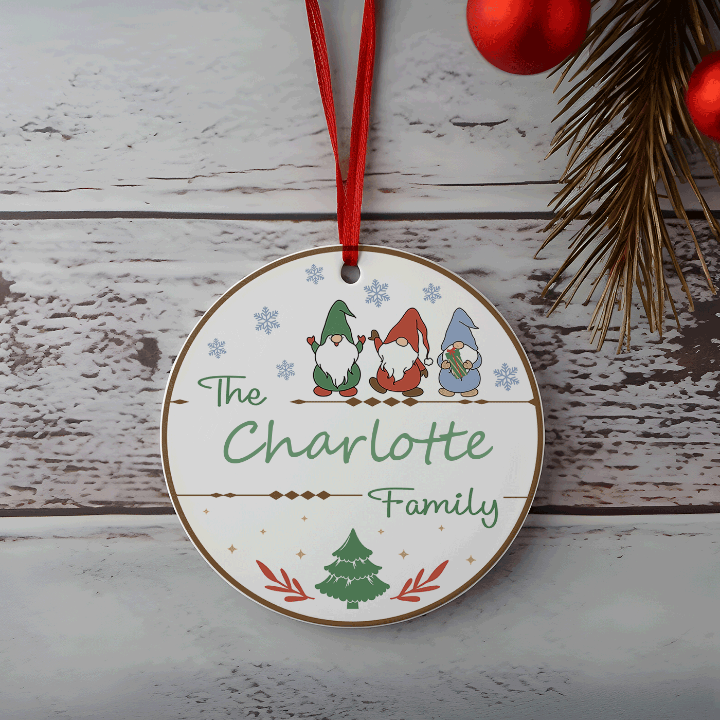 Custom Family Christmas | Festive Gnome Theme | Ceramic Ornament