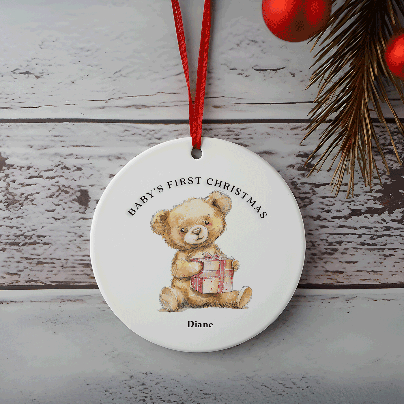 Baby's First Christmas | Cute Teddy Bear with Gift | Ceramic Ornament
