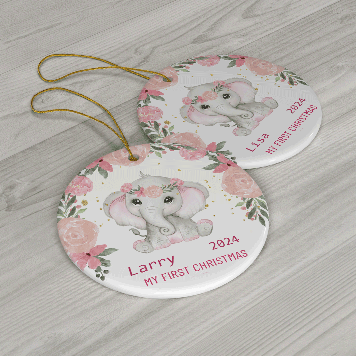 My First Christmas | Adorable Elephant with Floral Wreath | Ceramic Ornament