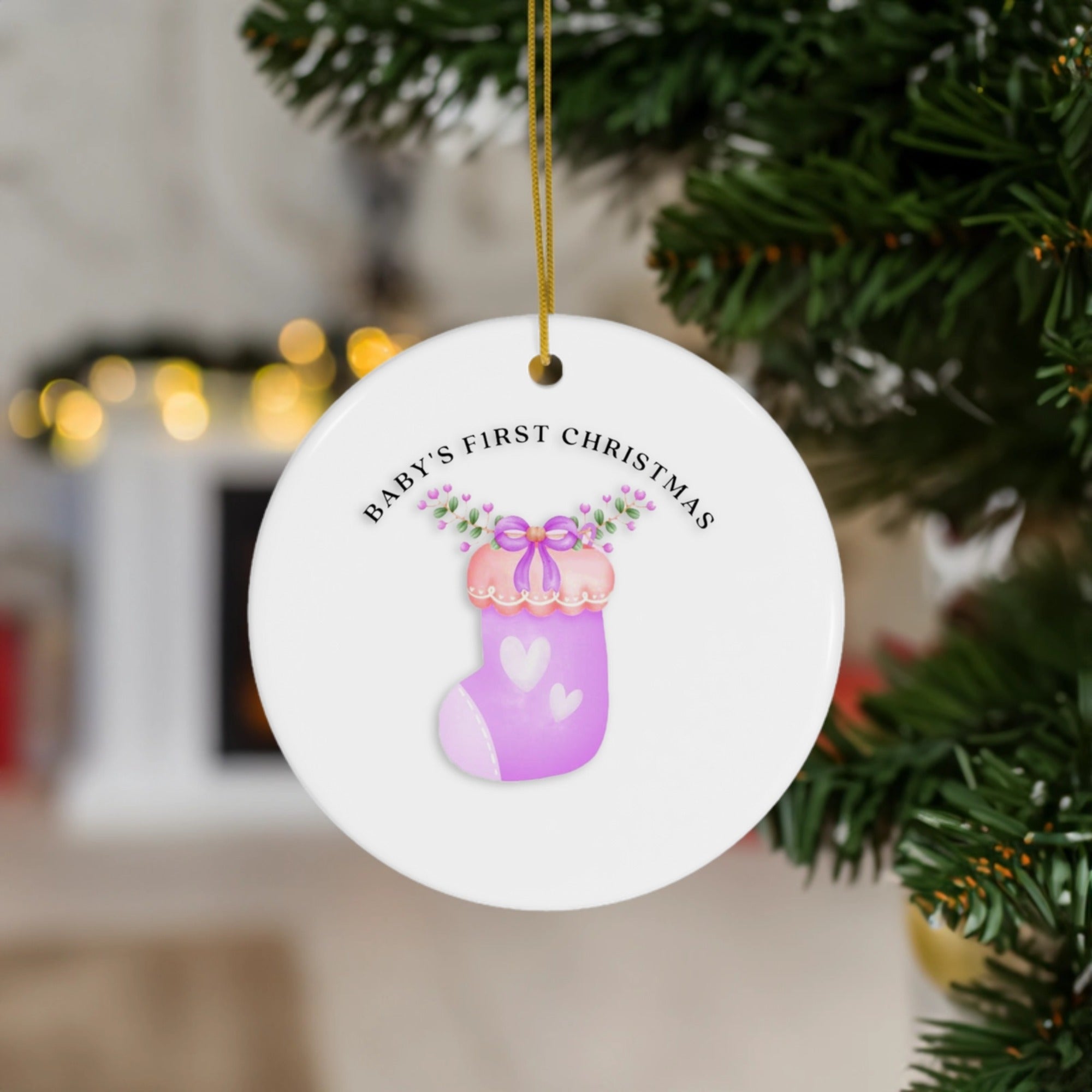 Baby's First Christmas | Adorable Pink Stocking Keepsake | Ceramic Ornament