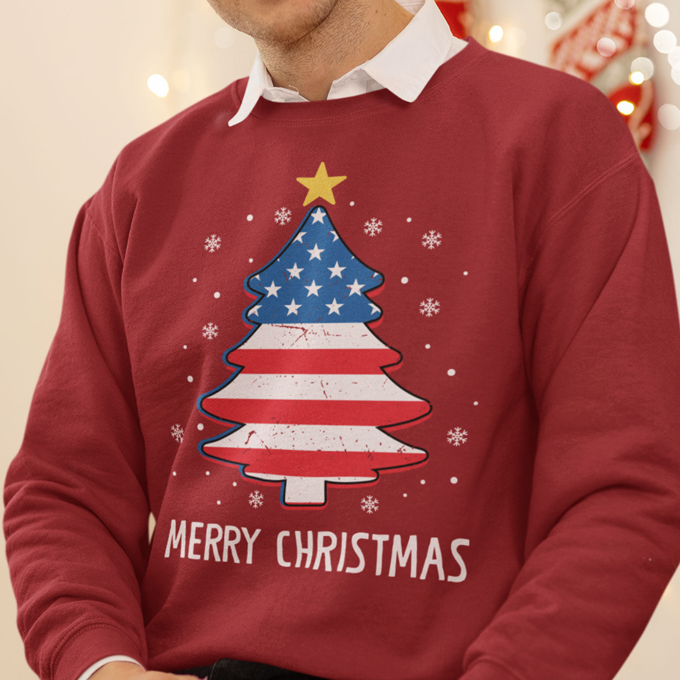 Patriotic Merry Christmas | American Flag Christmas Tree | Unisex Crewneck Sweatshirts