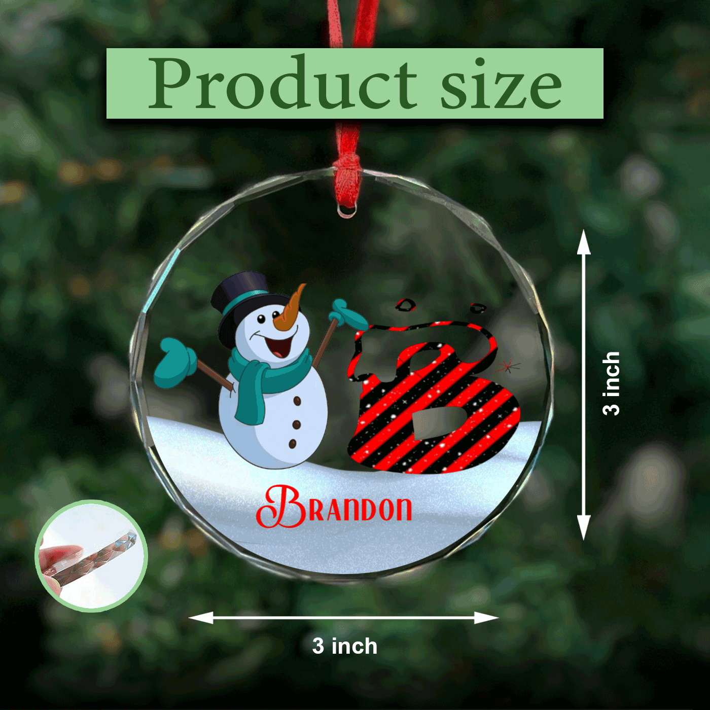 Personalized Namesake Christmas Crystal Glass Ornament | Snowman and Initial Design