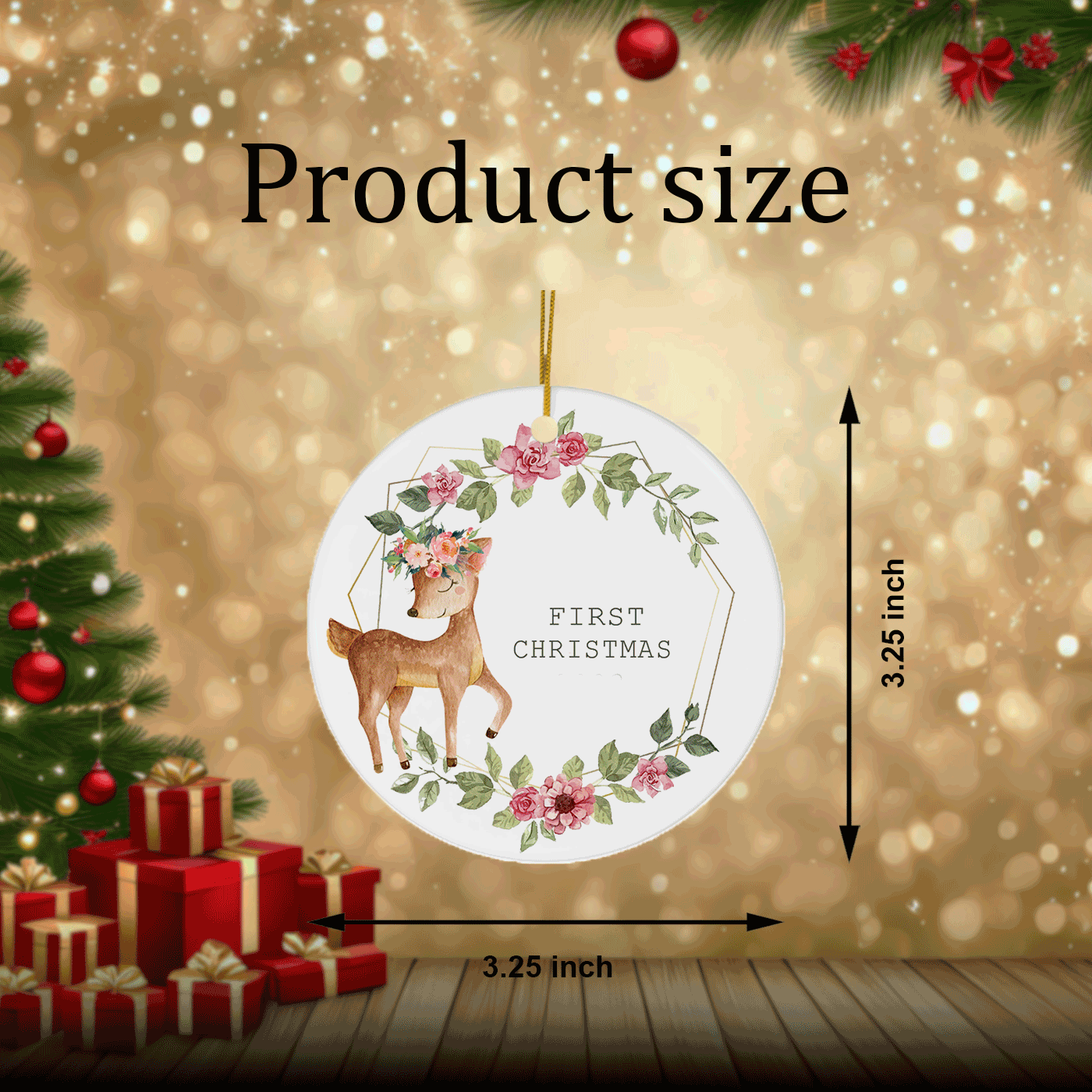 First Christmas | Elegant Floral Deer | Ceramic Ornament