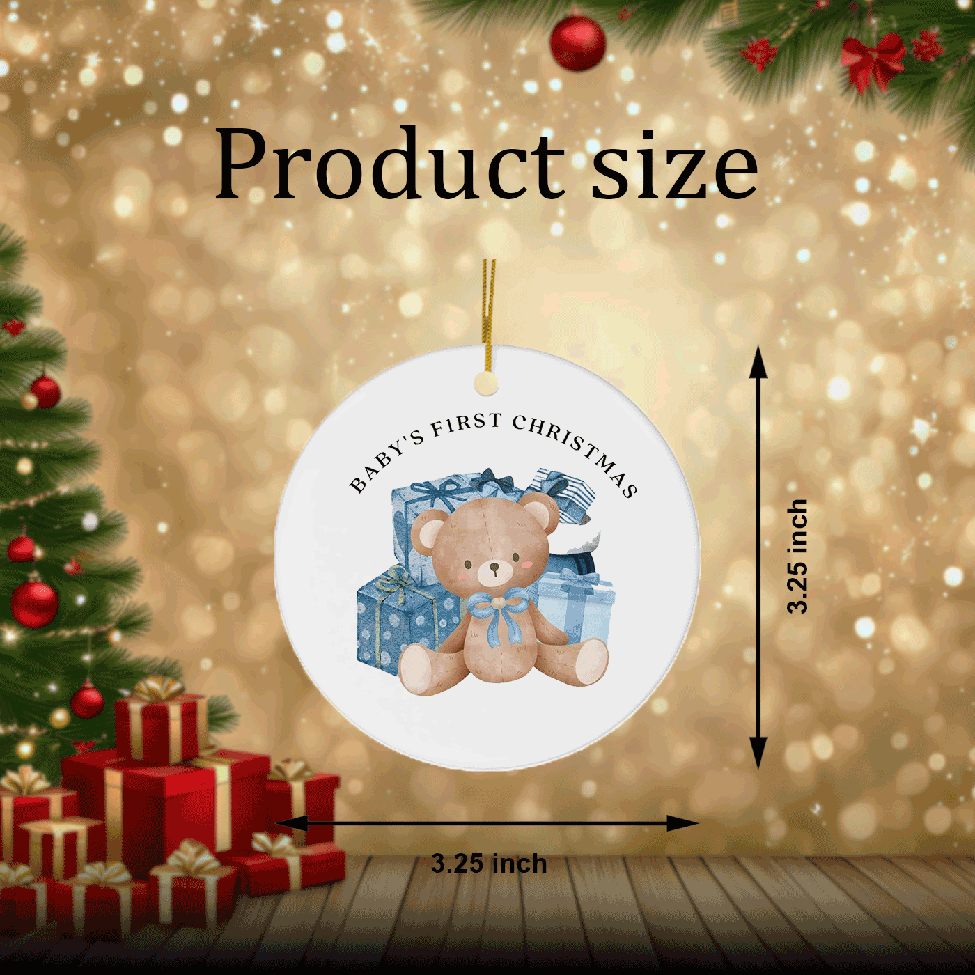 Teddy Bear with Blue Gifts | Baby’s First Christmas | Ceramic Ornament