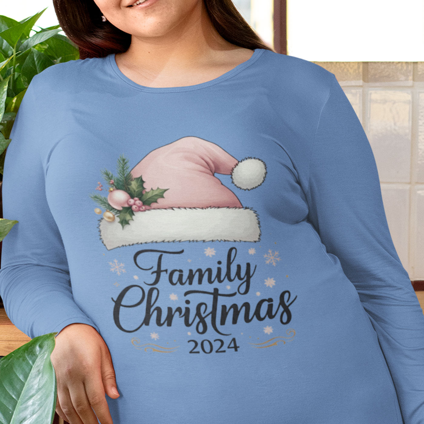 Family Christmas 2024 | Elegant Pink Santa Hat | Unisex Long Sleeve