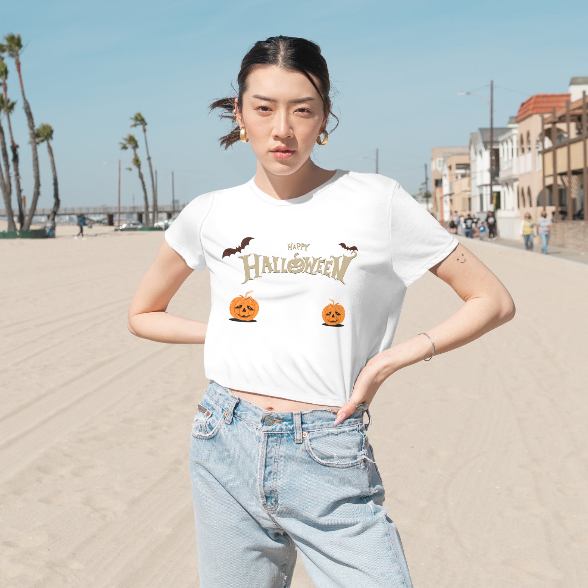 Halloween with Pumpkins | Women's Flowy Cropped Tee