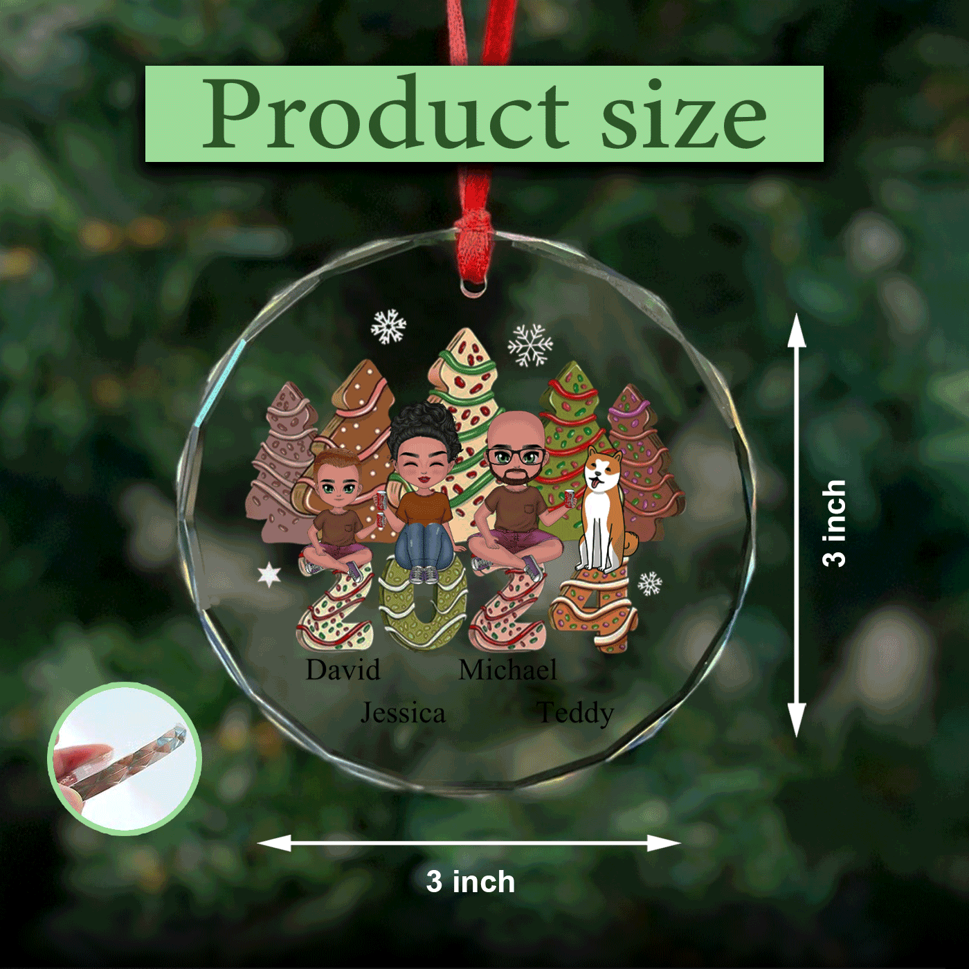 Custom Family Christmas Crystal Glass Ornament | Changeable Names and Customizable Figures