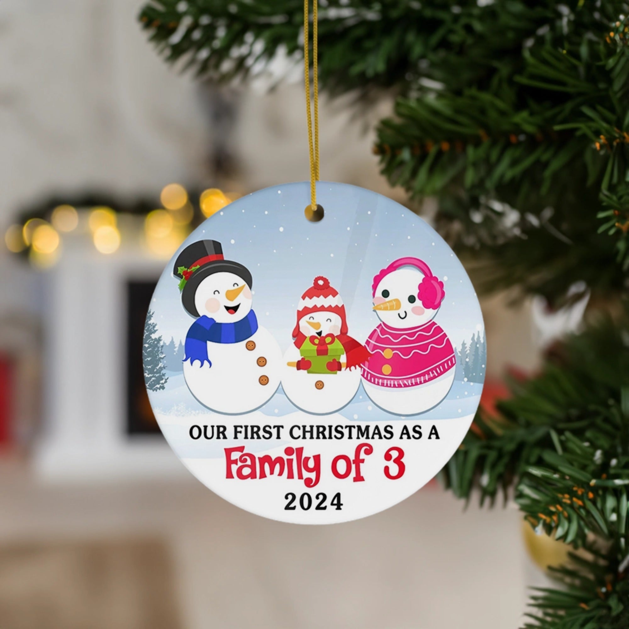 Snowman Family Keepsake | Our First Christmas as a Family of 3 | Ceramic Ornament