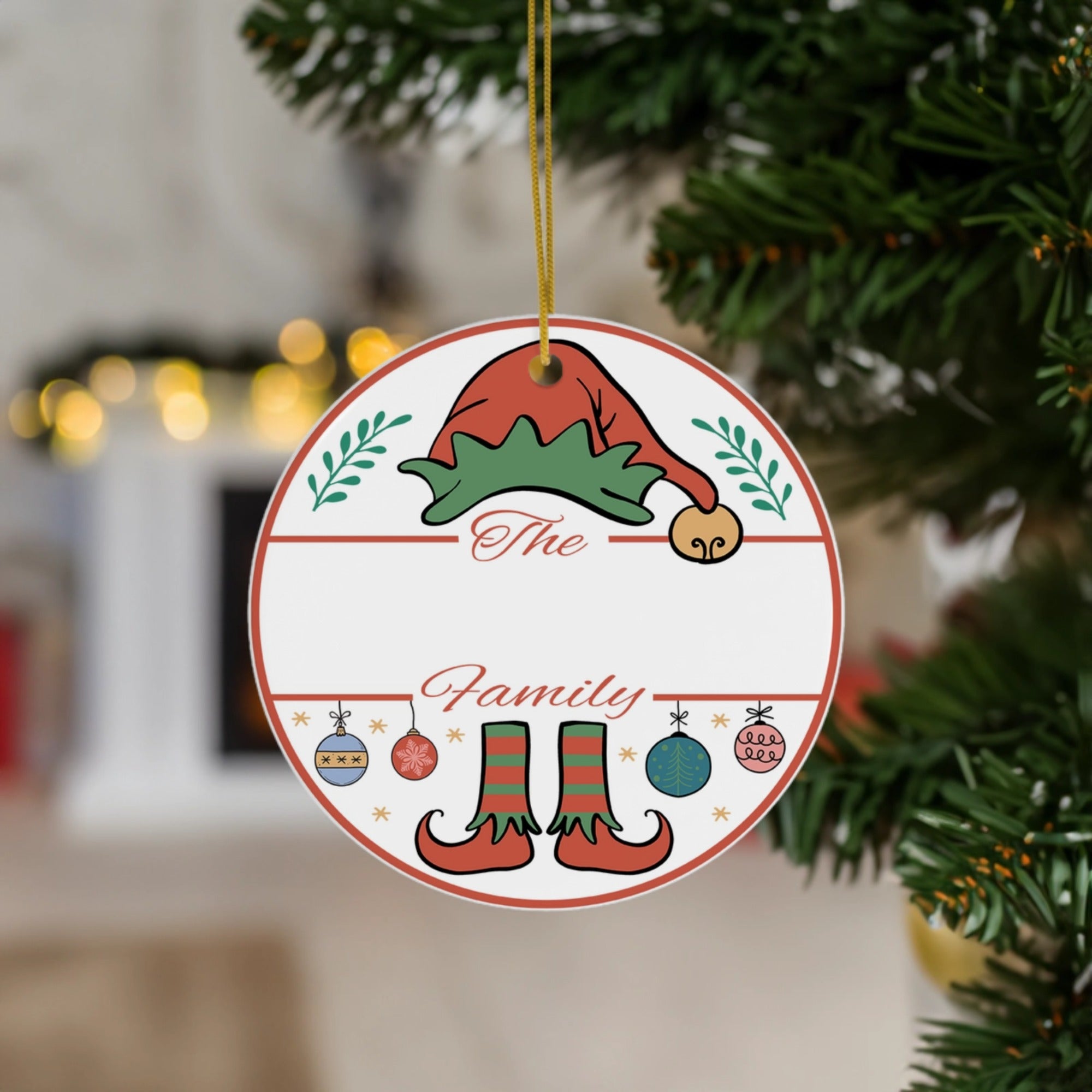 Custom Name Family Christmas | Festive Elf Theme | Ceramic Ornament