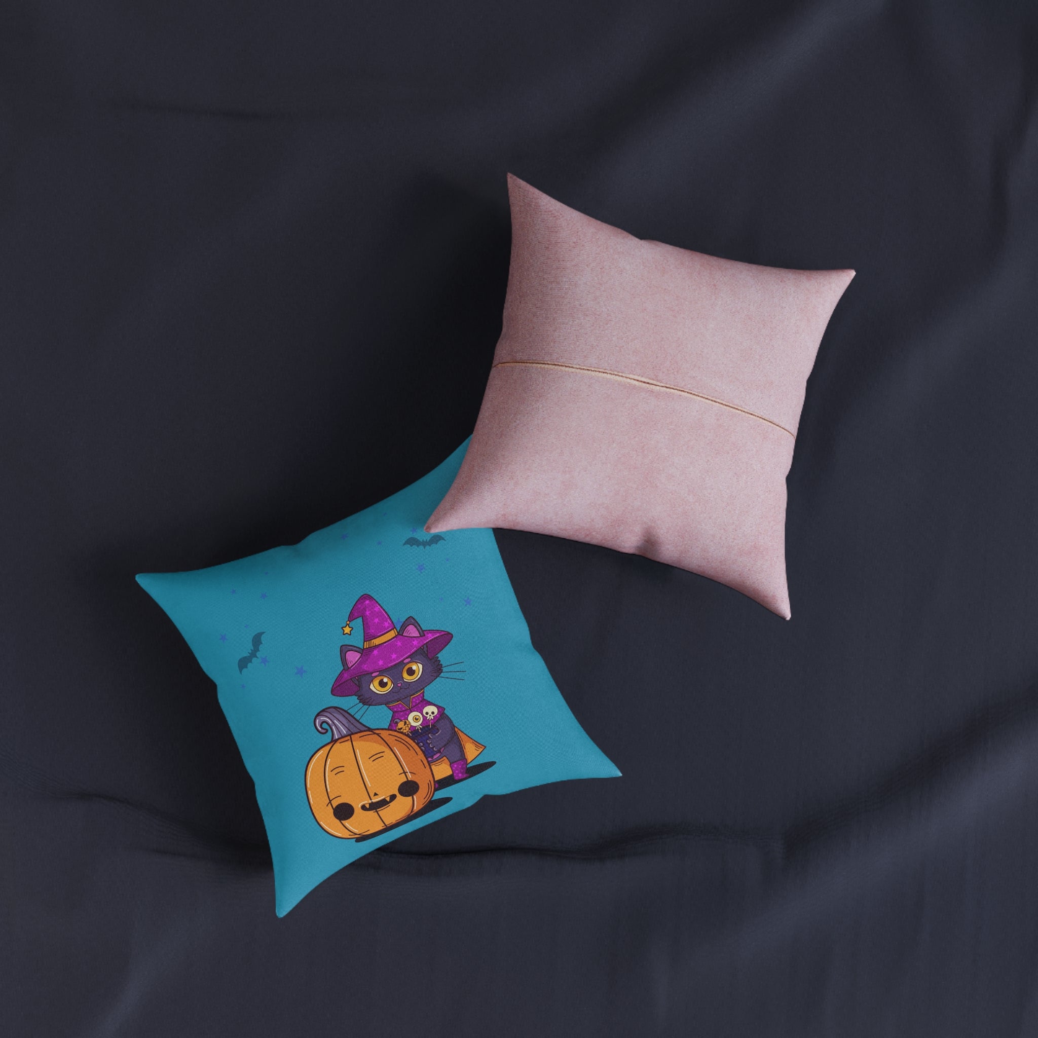 Halloween with Witch's Cats | Square Pillow - Pink Back