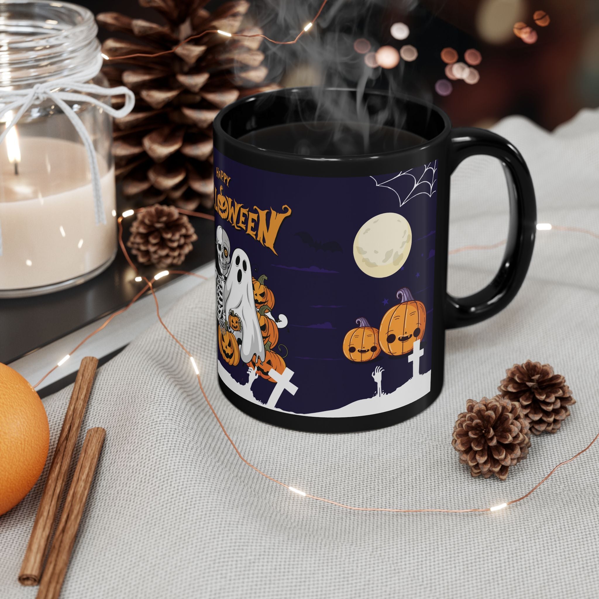Happy Halloween with Skeleton | Black Mug