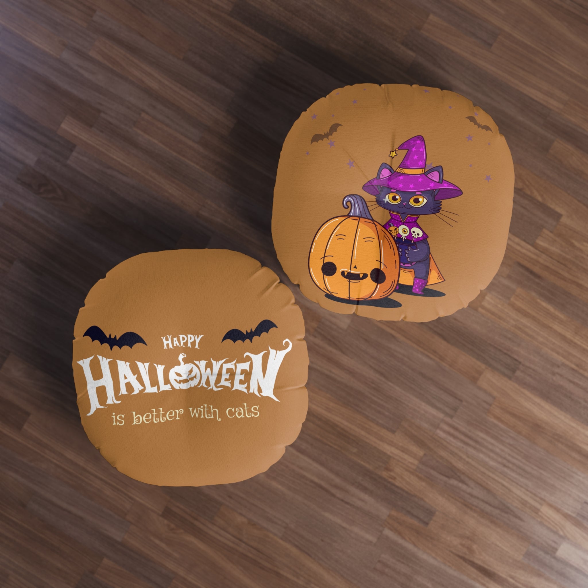 Halloween with Witch's Cats | Tufted Floor Pillow, Round