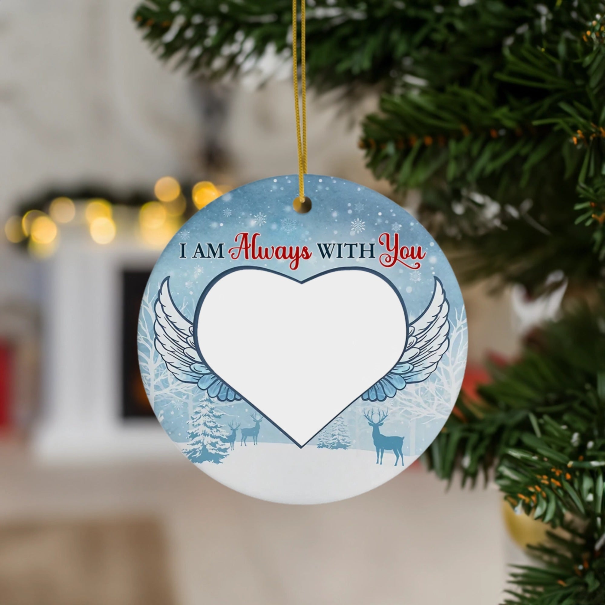 Christmas Winter with Heart and Angel Wings | I Am Always With You | Ceramic Ornament