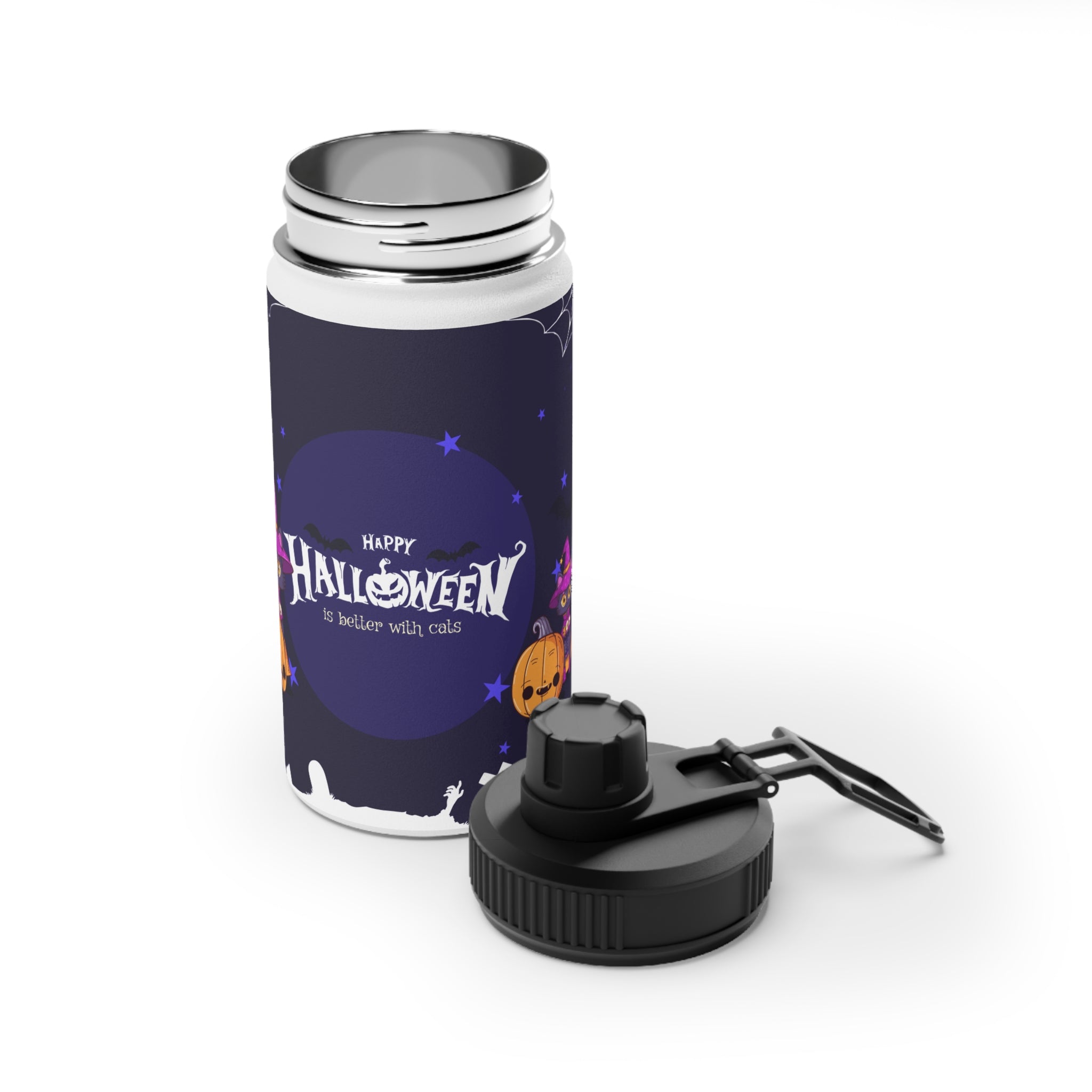 Happy Halloween with Witch's Cats | Stainless Steel Water Bottle, Sports Lid