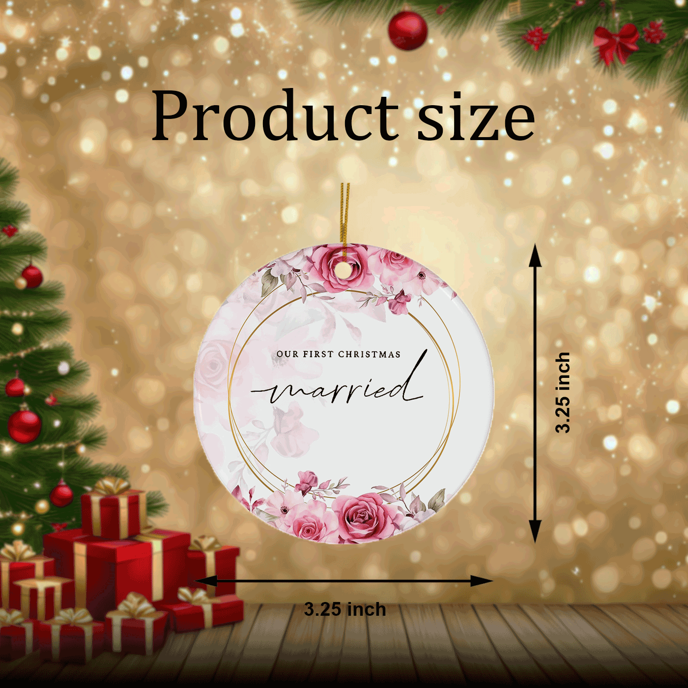 Our First Christmas Married Ornament | Elegant Floral Design for Newlyweds | Ceramic Ornament